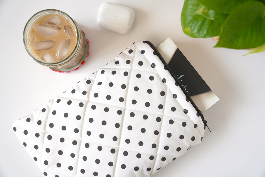Quilted ivory and brown polka dot book sleeve
