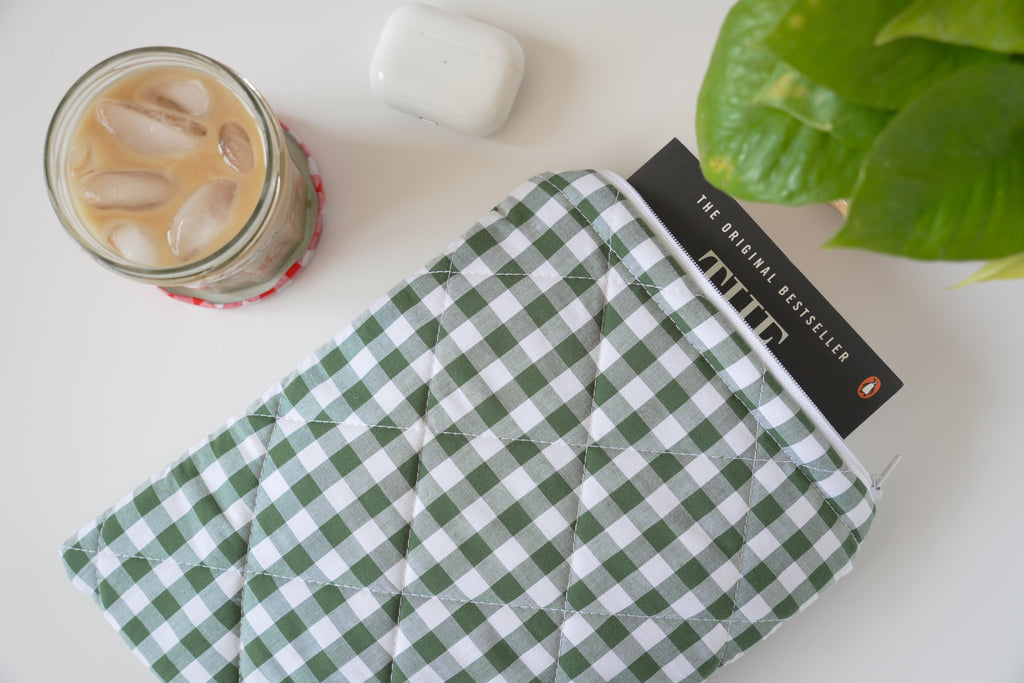 Quilted Forest green gingham book sleeve