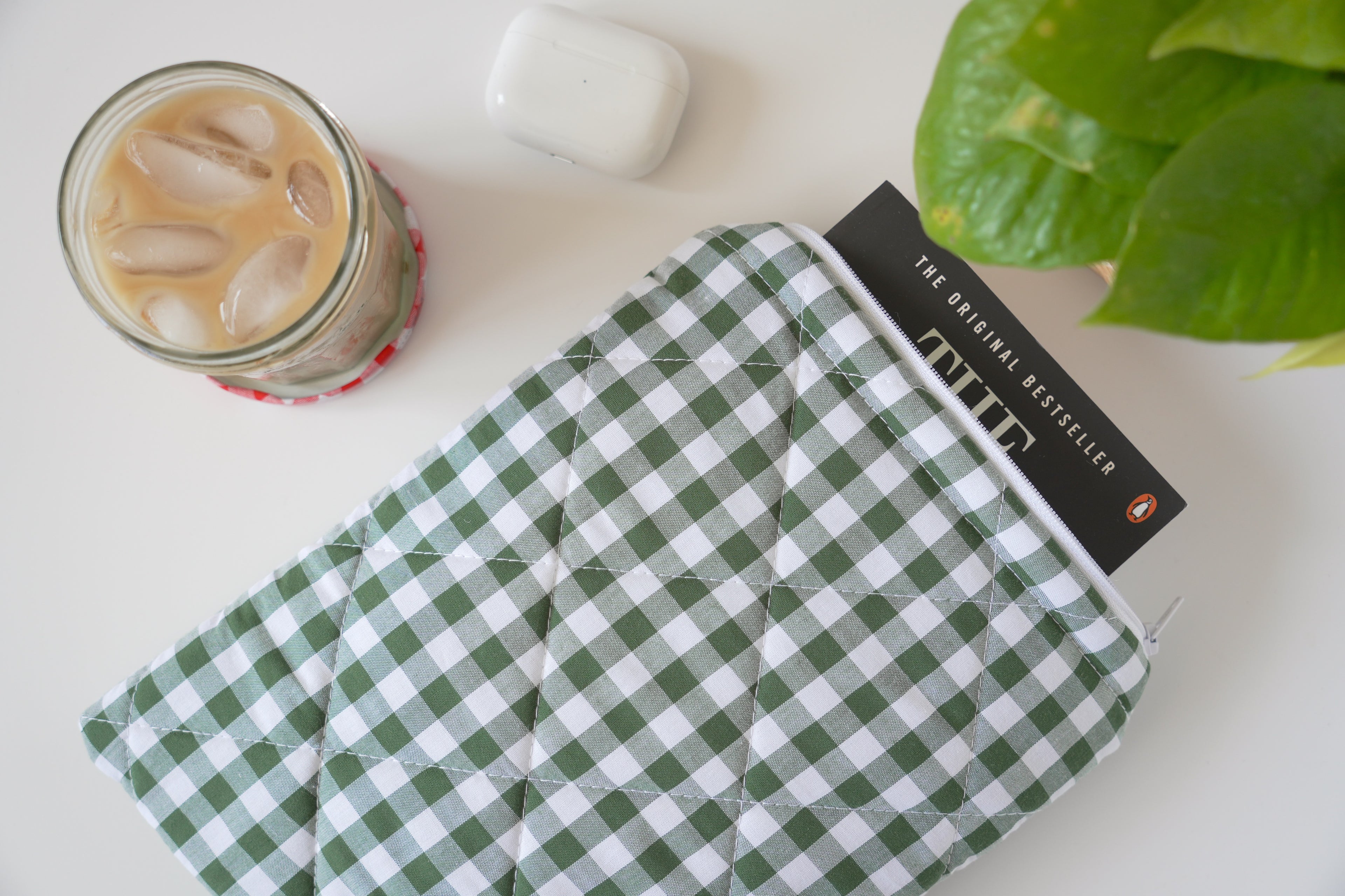 Quilted Forest green gingham book sleeve