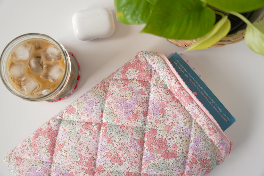 Quilted pink and teal floral book sleeve