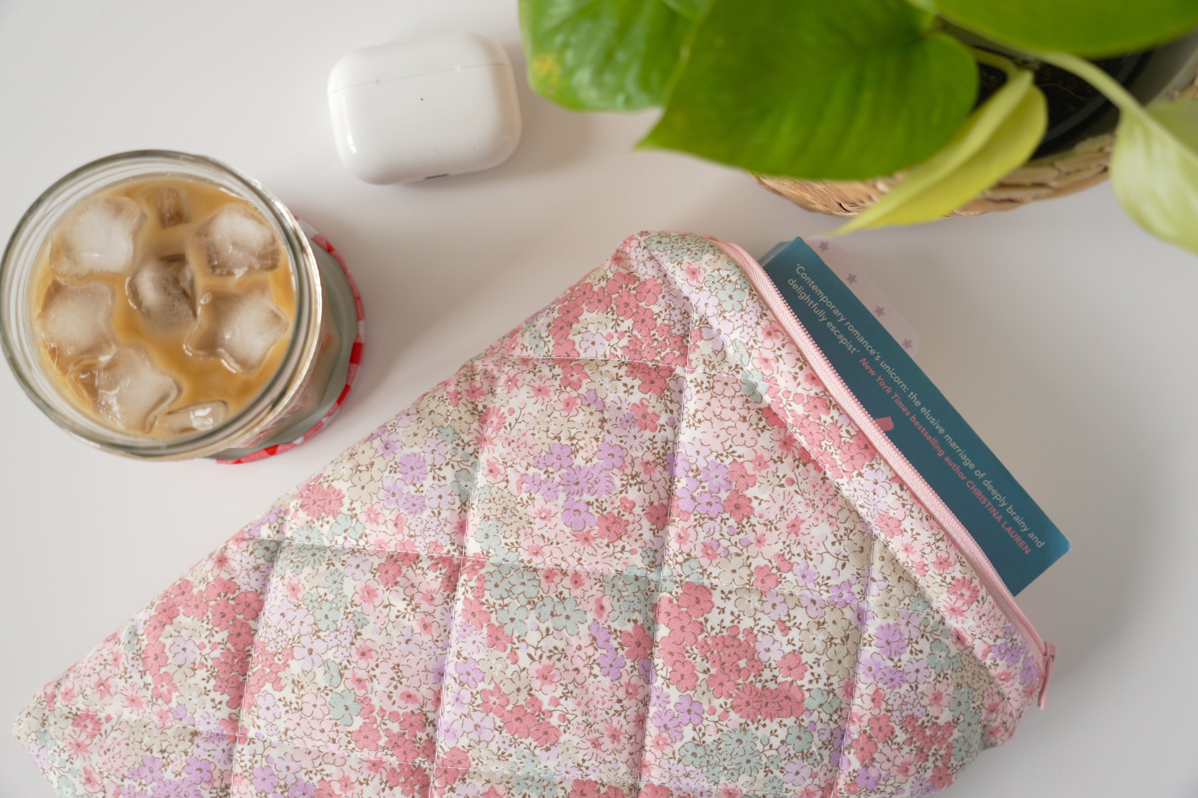 Quilted pink and teal floral book sleeve