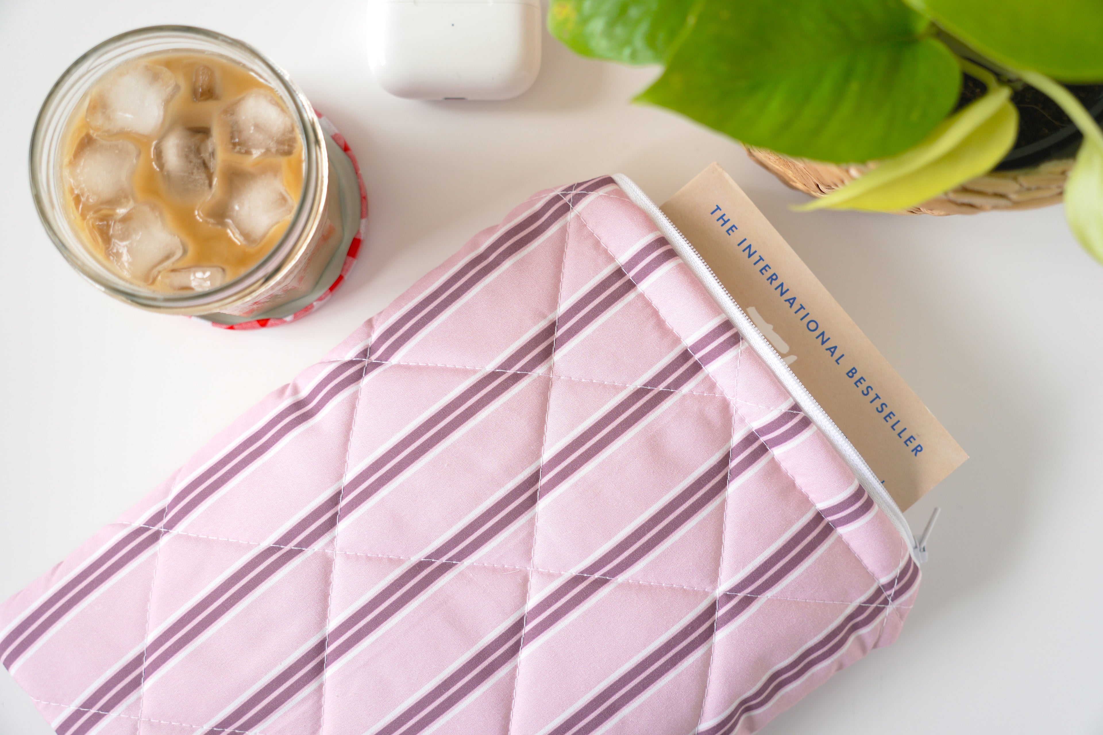 Quilted pink and maroon stripe book sleeve