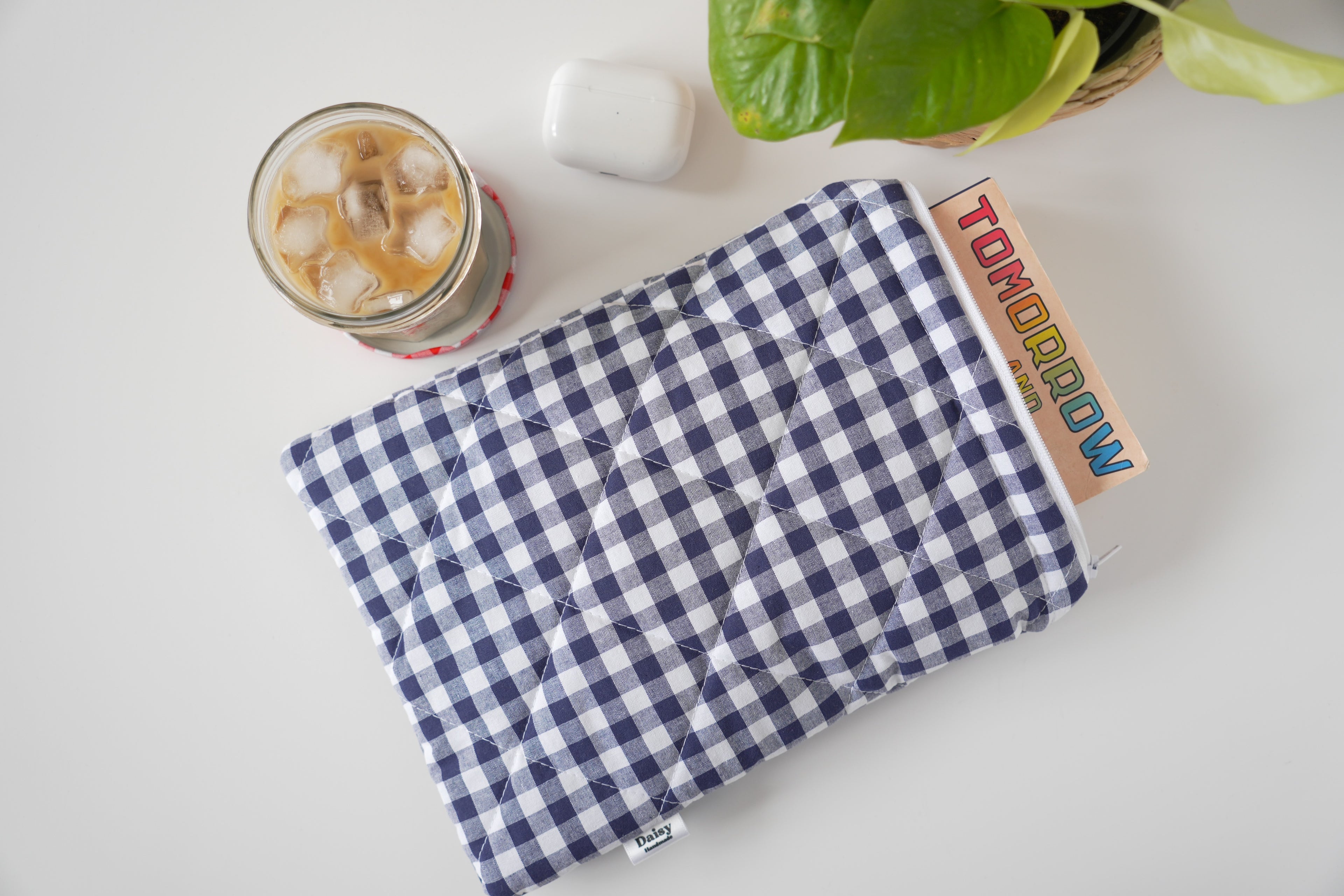 Quilted navy blue gingham book sleeve