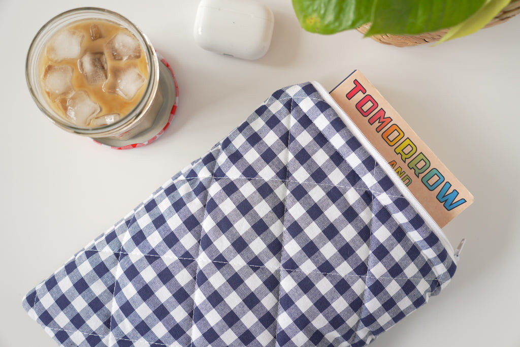 Quilted navy blue gingham book sleeve
