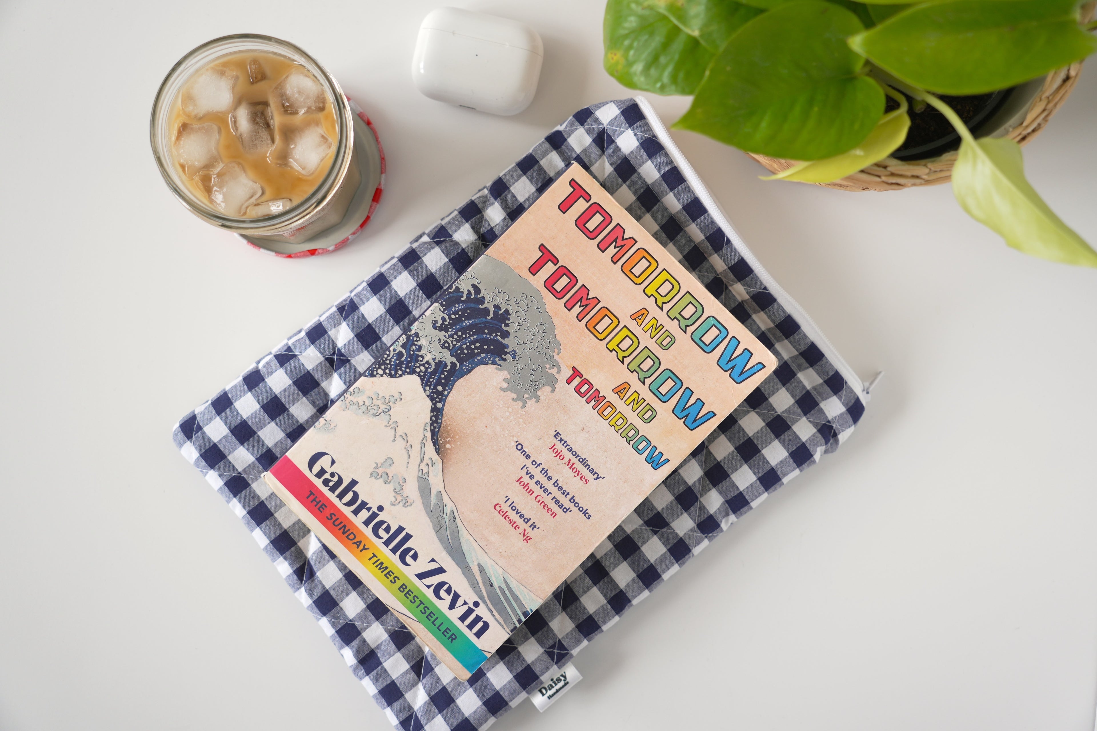 Quilted navy blue gingham book sleeve