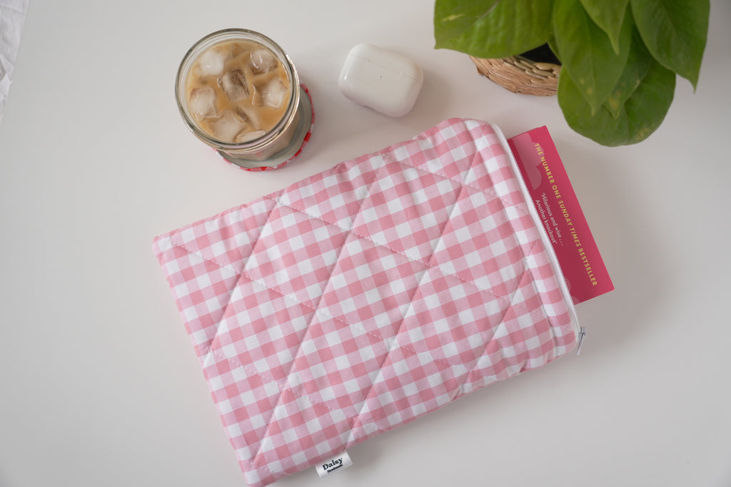 Quilted pink gingham book sleeve