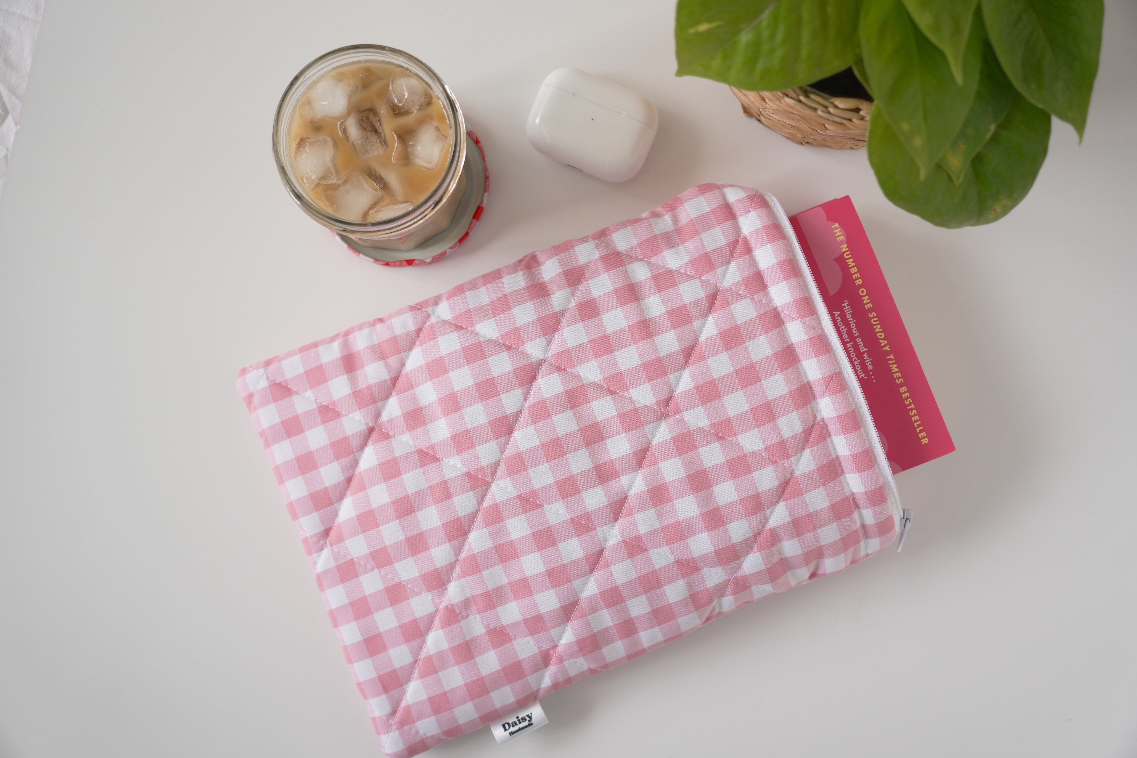 Quilted pink gingham book sleeve