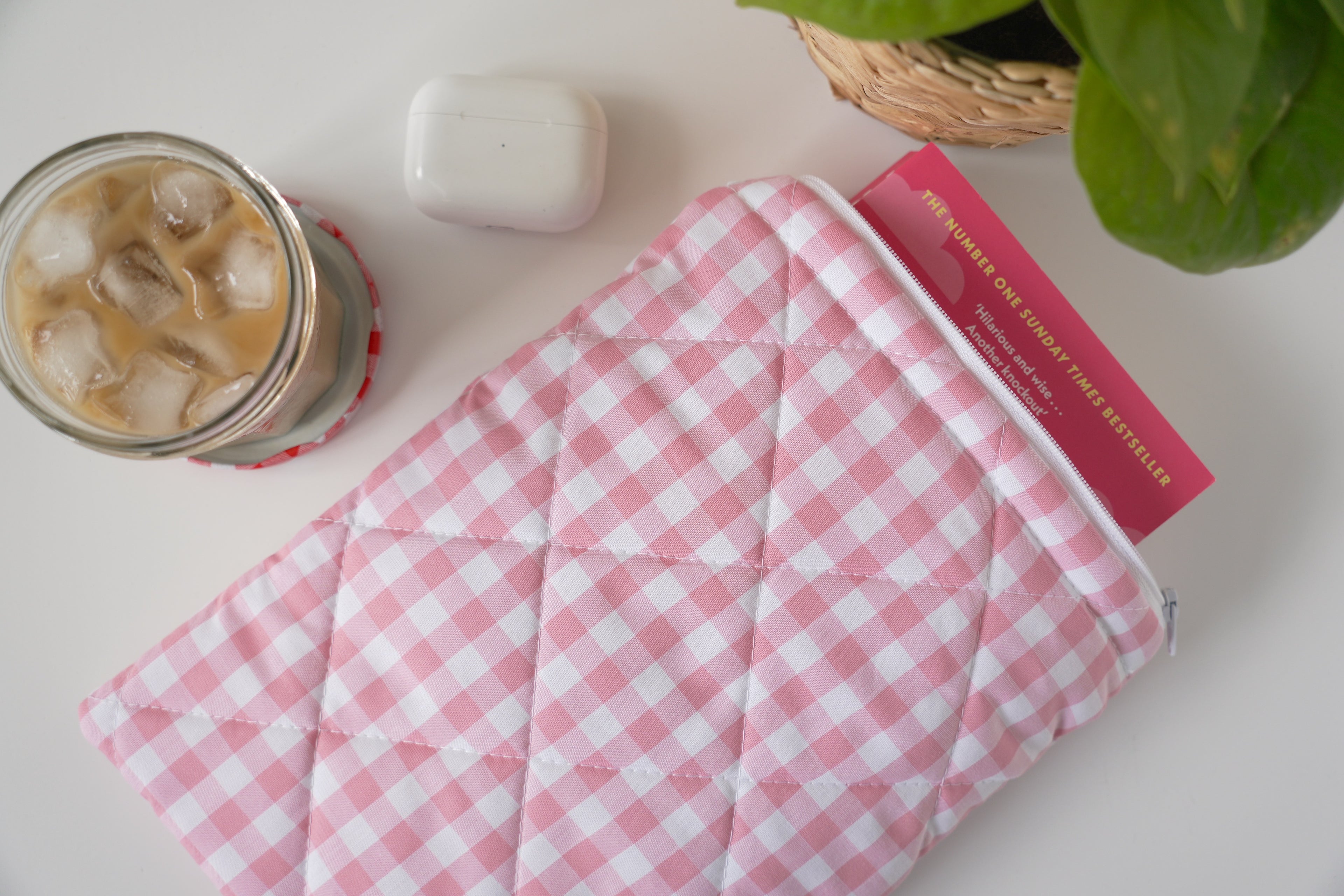 Quilted pink gingham book sleeve