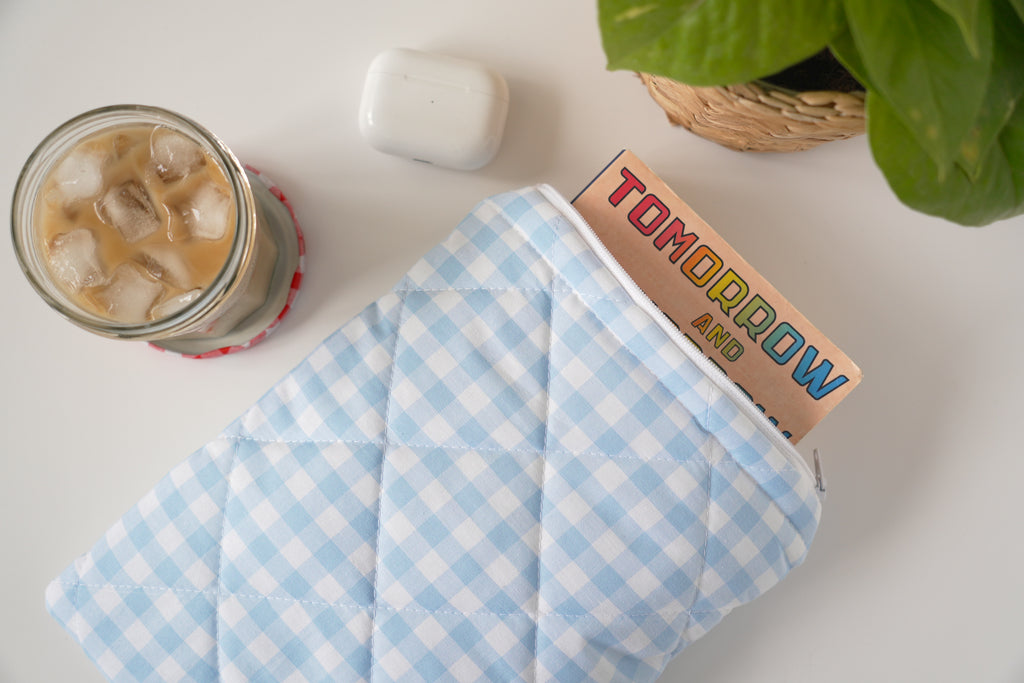 Quilted light blue gingham book sleeve