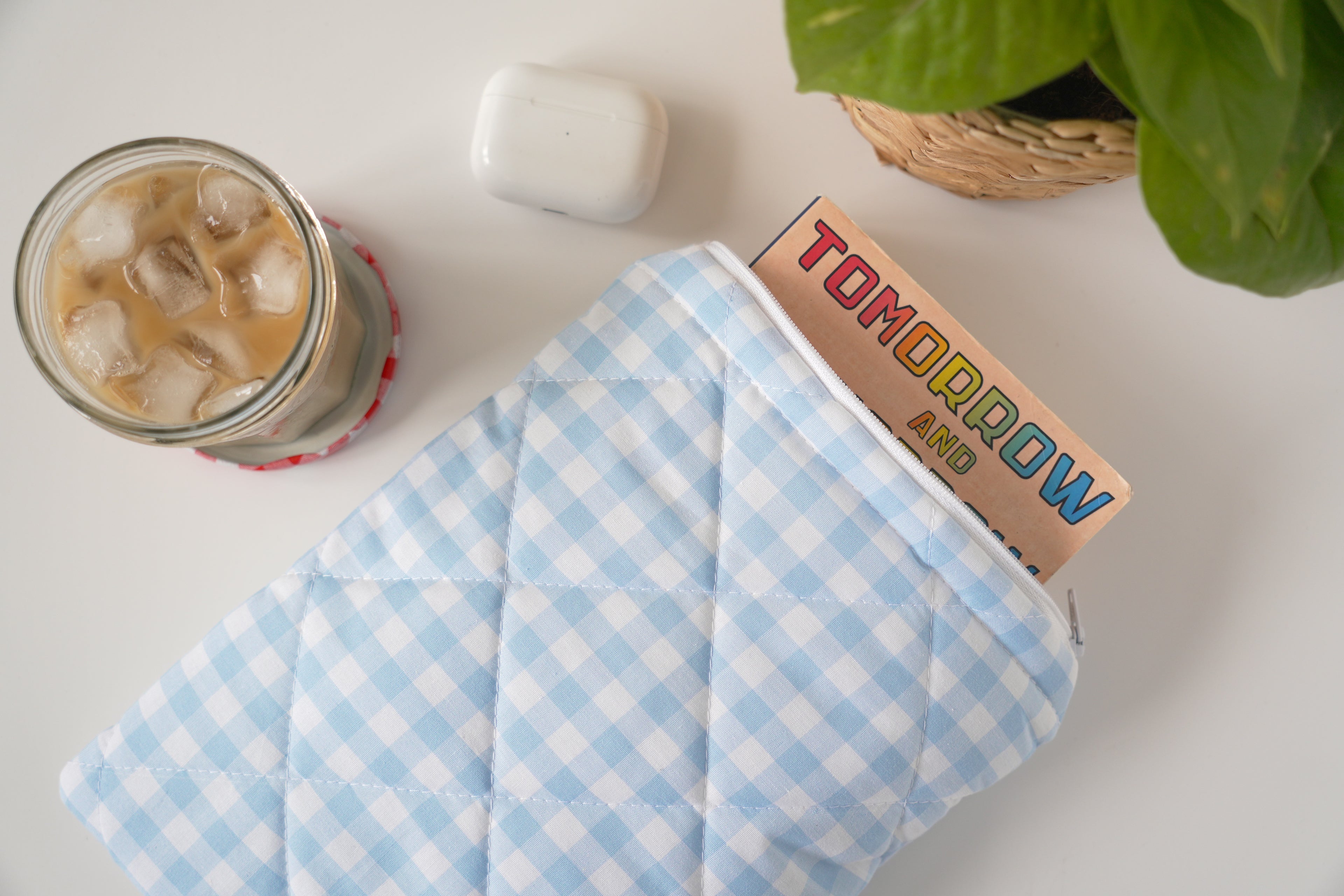 Quilted light blue gingham book sleeve