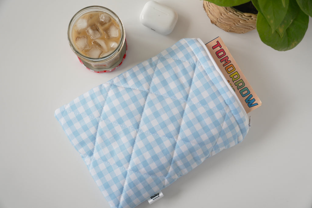 Quilted light blue gingham book sleeve