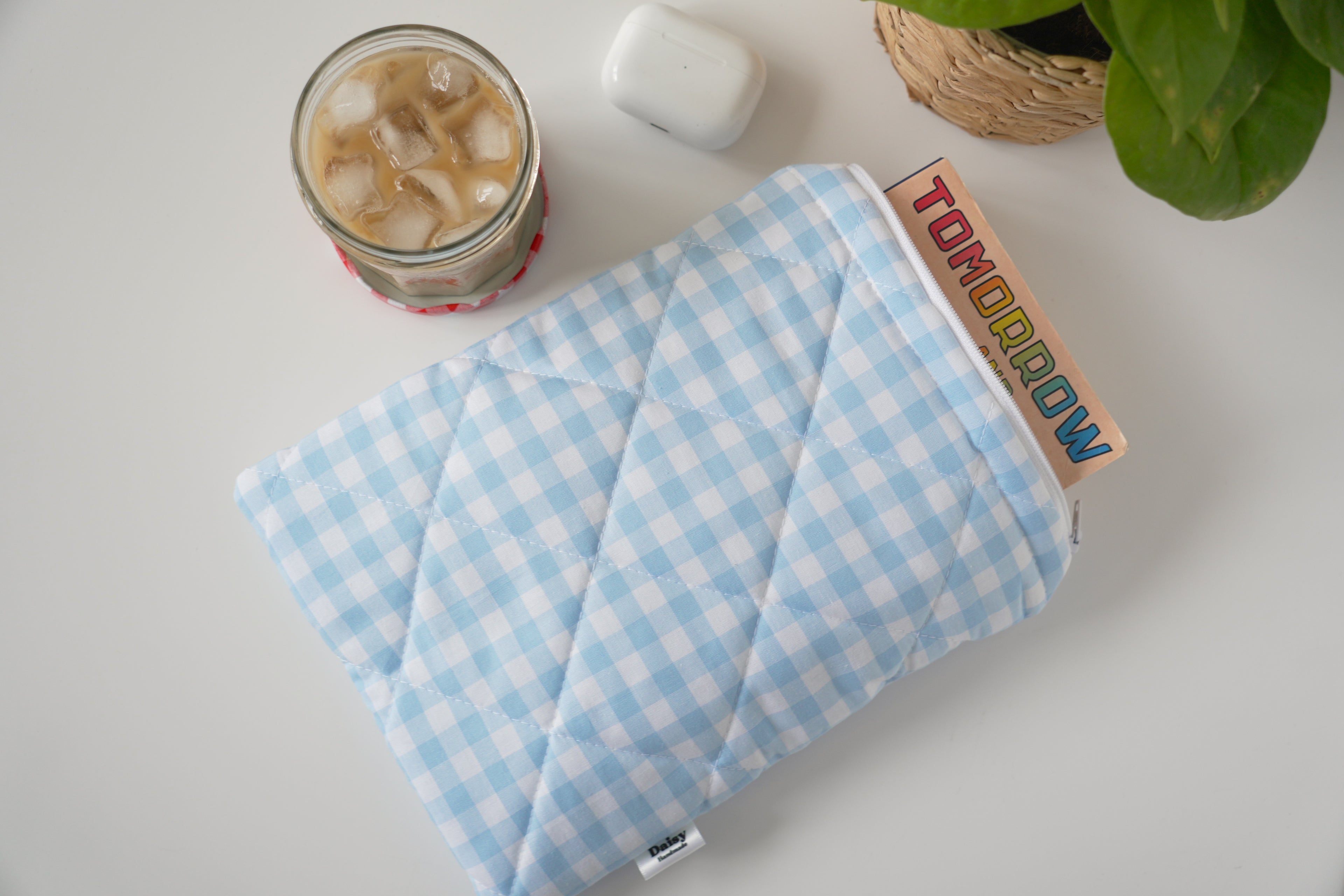 Quilted light blue gingham book sleeve