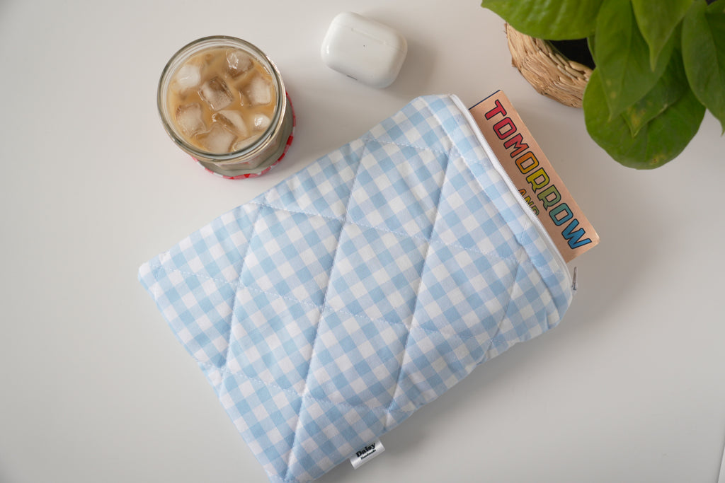 Quilted light blue gingham book sleeve