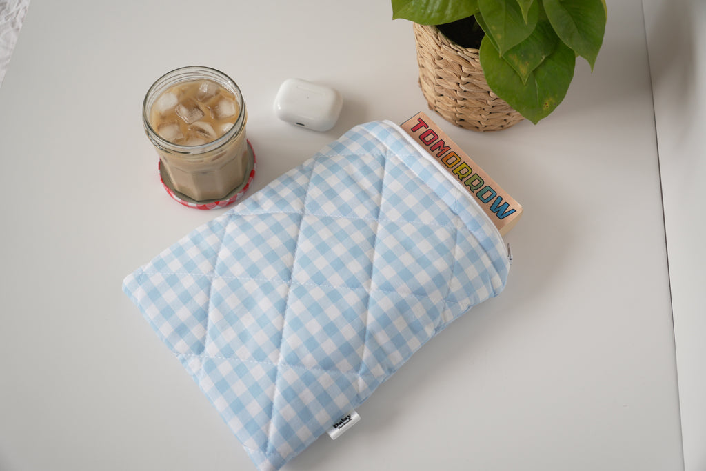 Quilted light blue gingham book sleeve