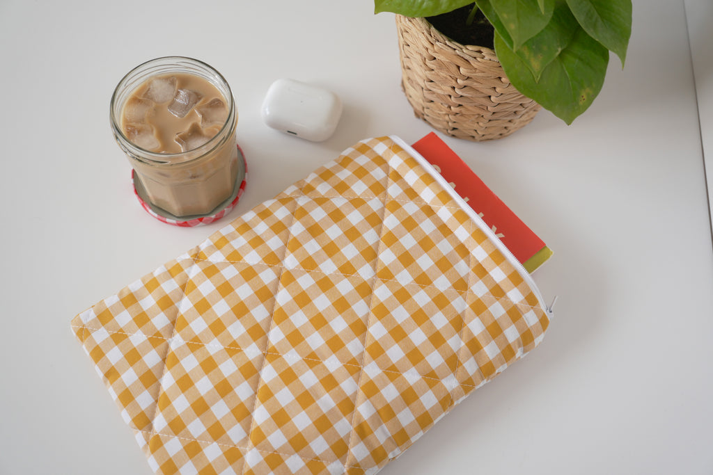 Quilted mustard yellow gingham book sleeve