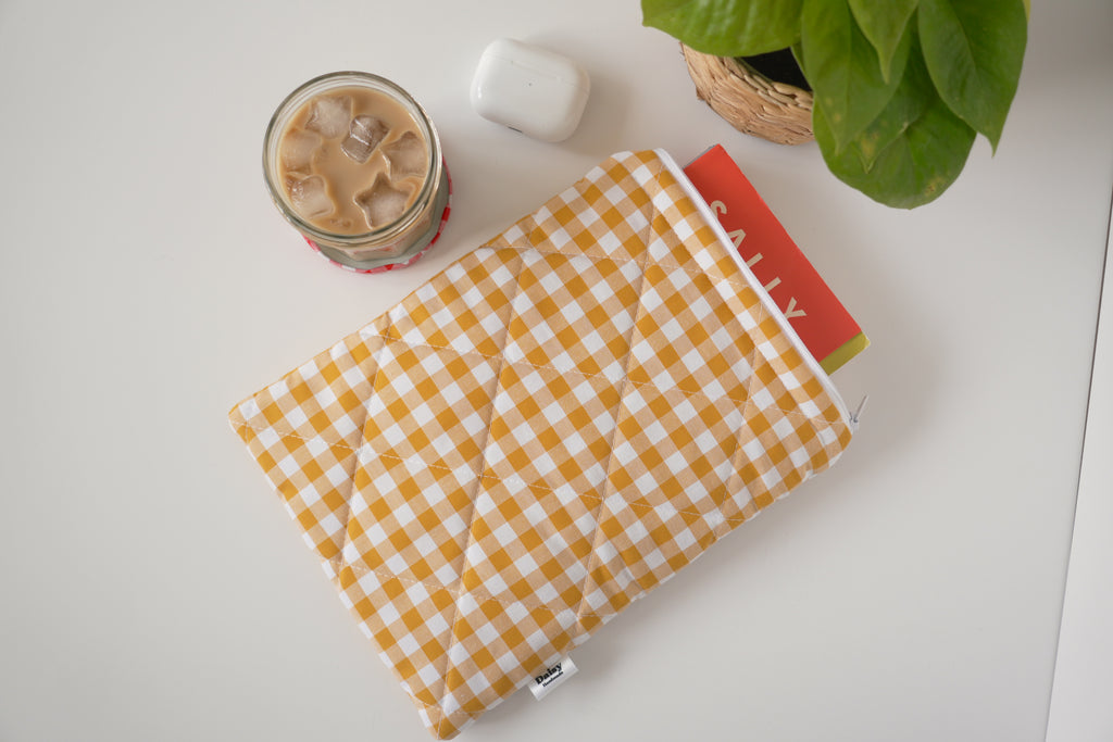 Quilted mustard yellow gingham book sleeve