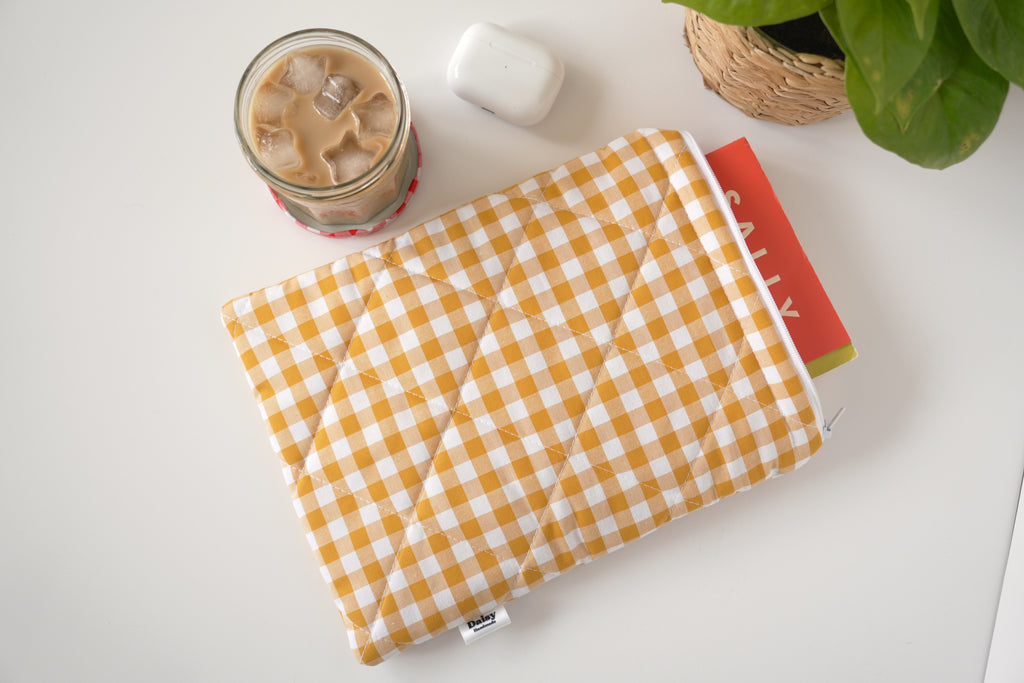Quilted mustard yellow gingham book sleeve