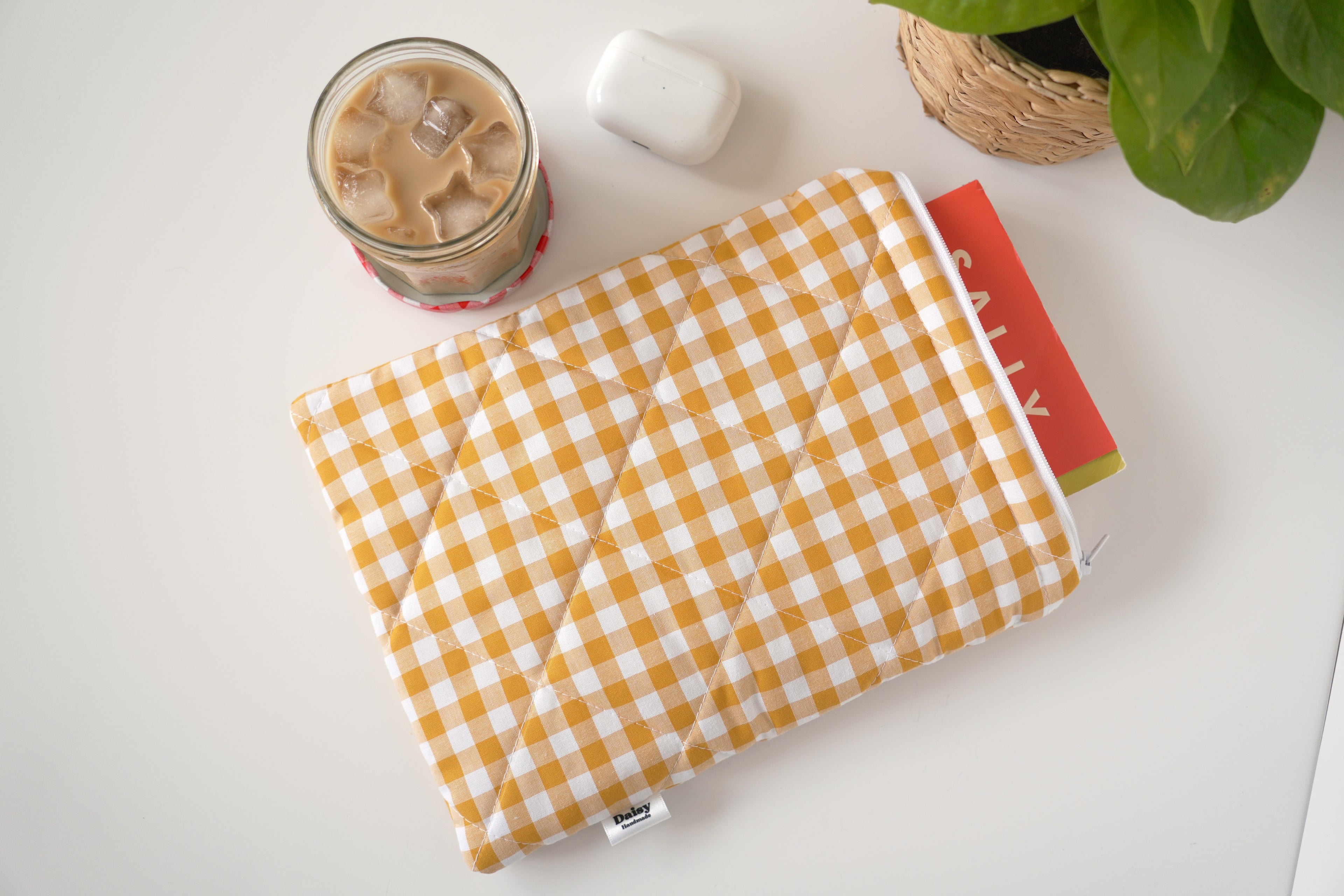 Quilted mustard yellow gingham book sleeve