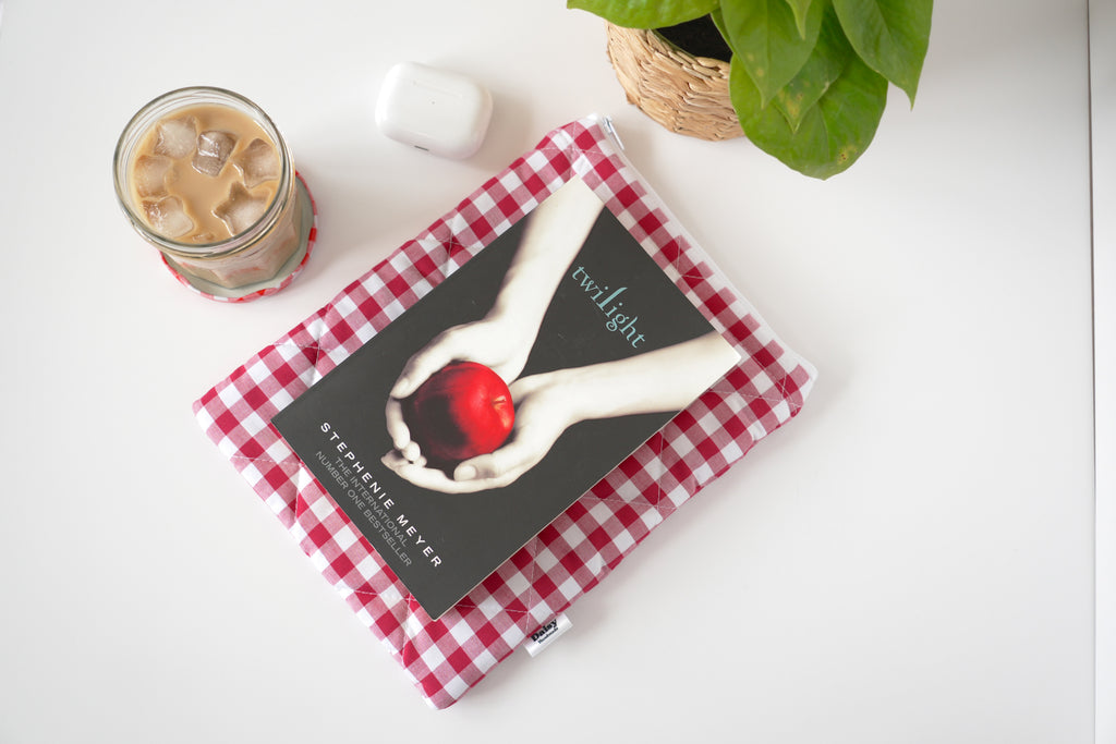 Quilted raspberry pink gingham book sleeve