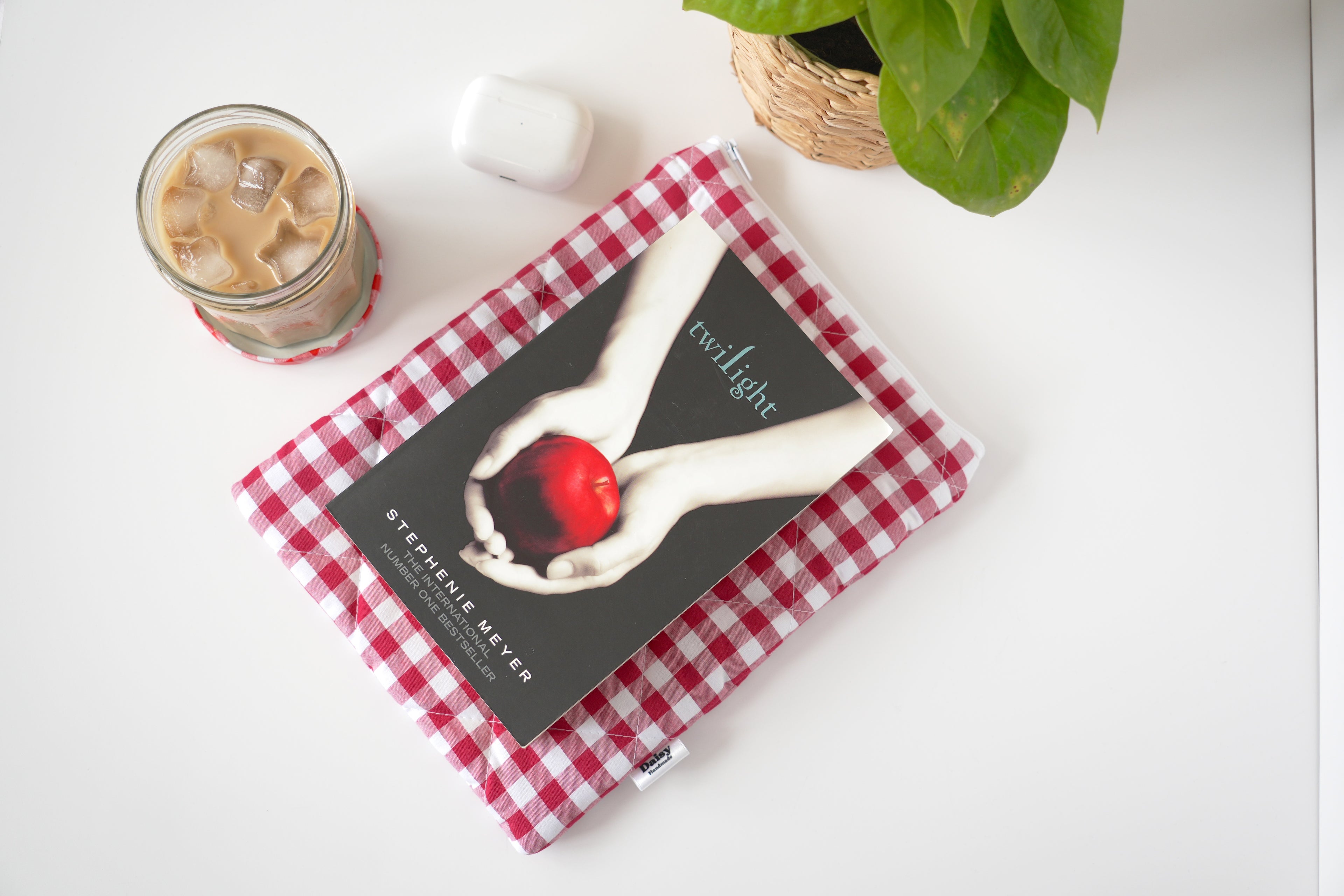 Quilted raspberry pink gingham book sleeve