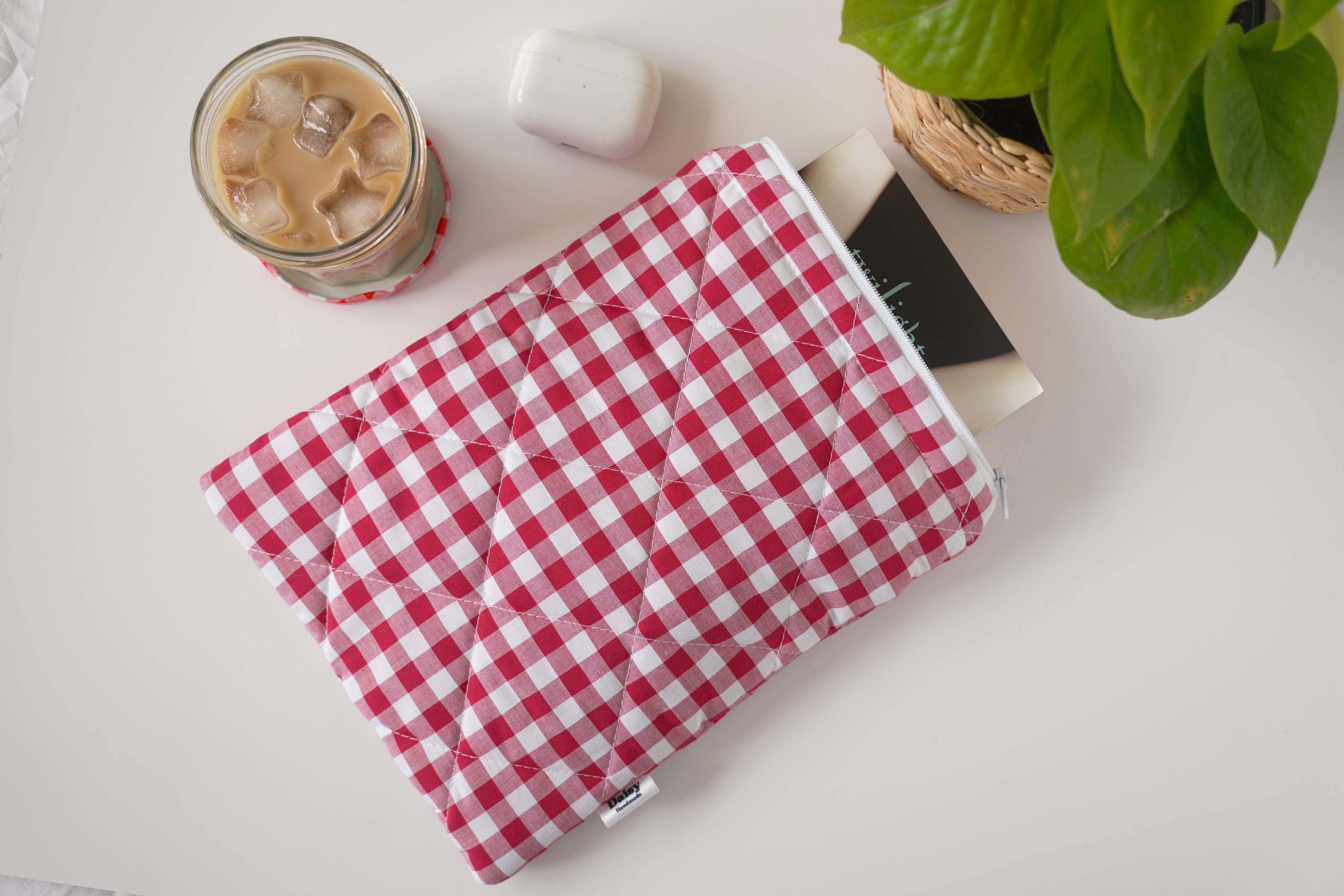 Quilted raspberry pink gingham book sleeve