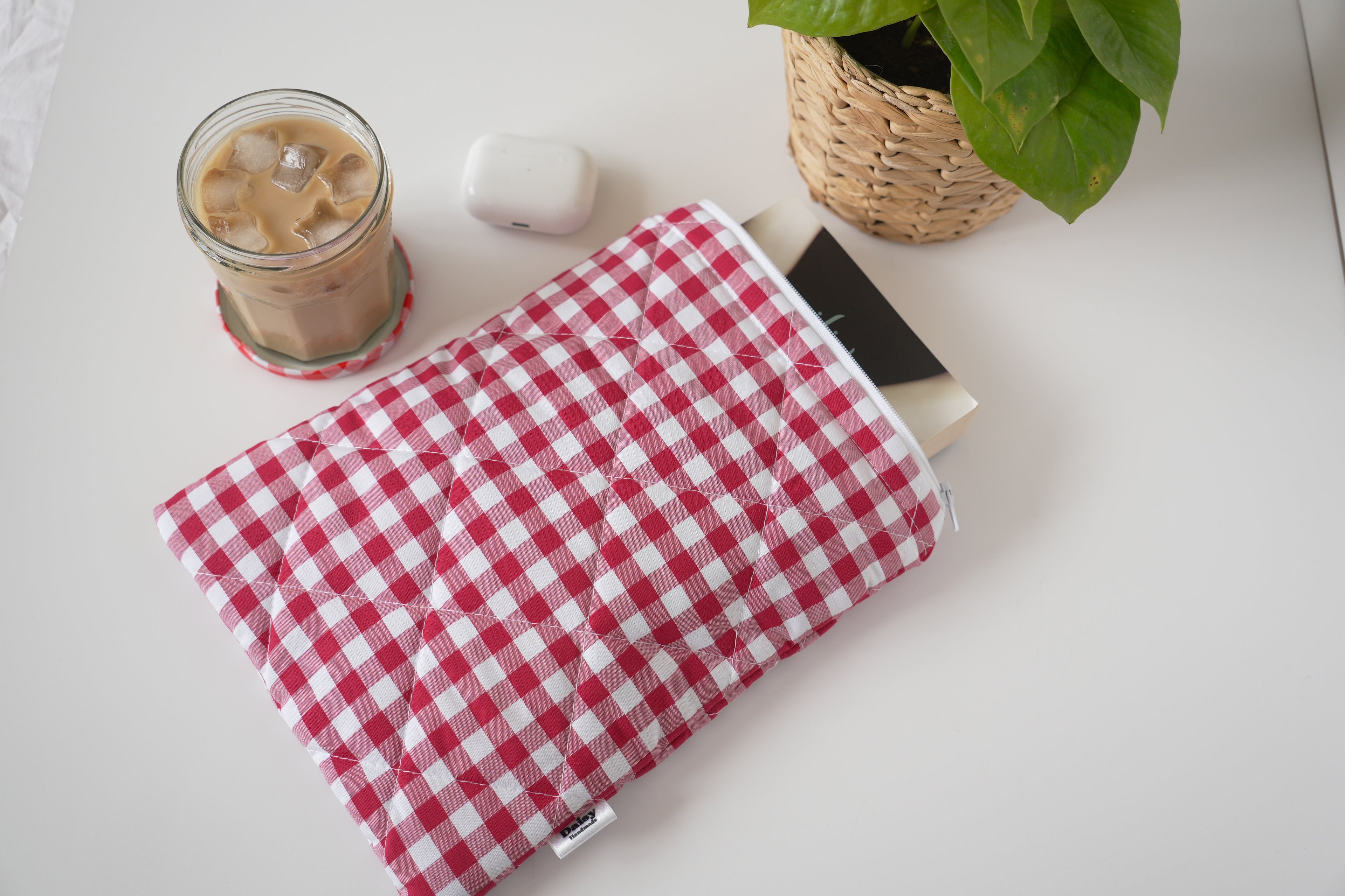 Quilted raspberry pink gingham book sleeve