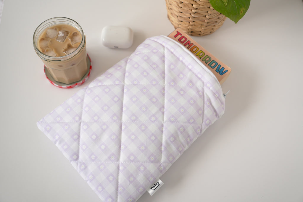 Quilted purple daisy gingham book sleeve