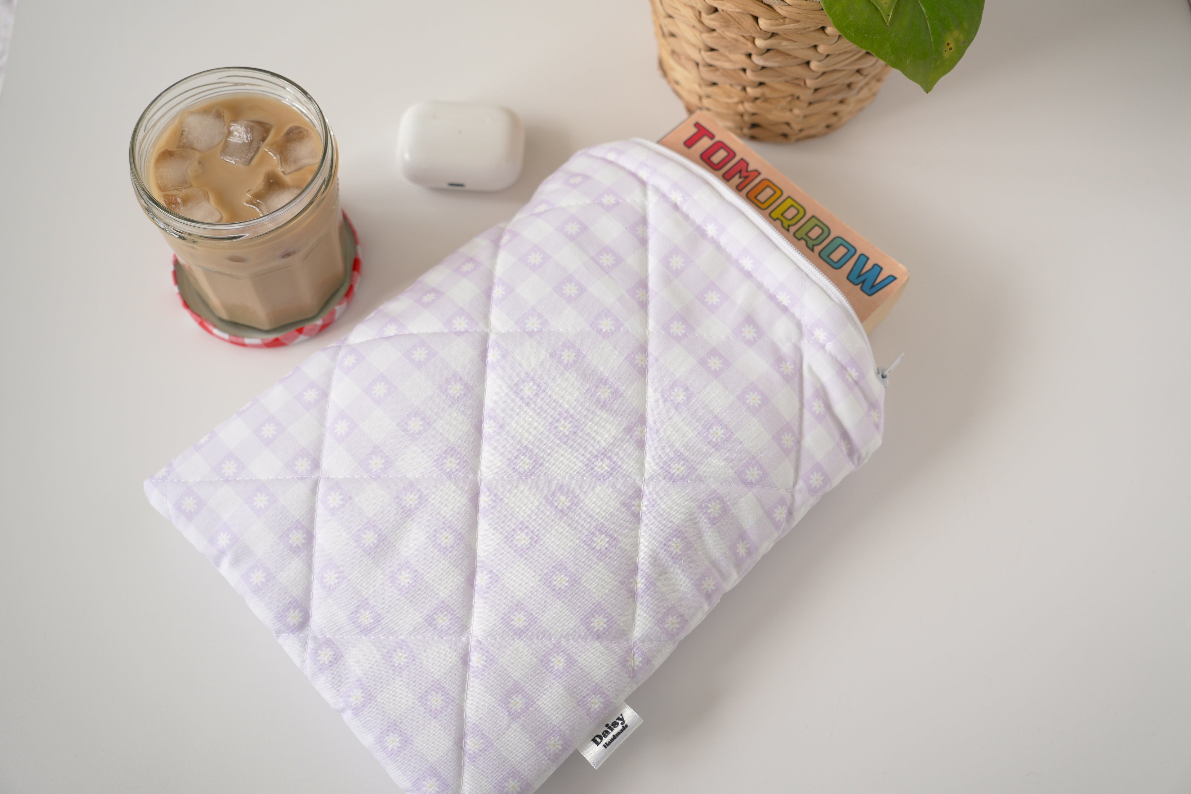 Quilted purple daisy gingham book sleeve