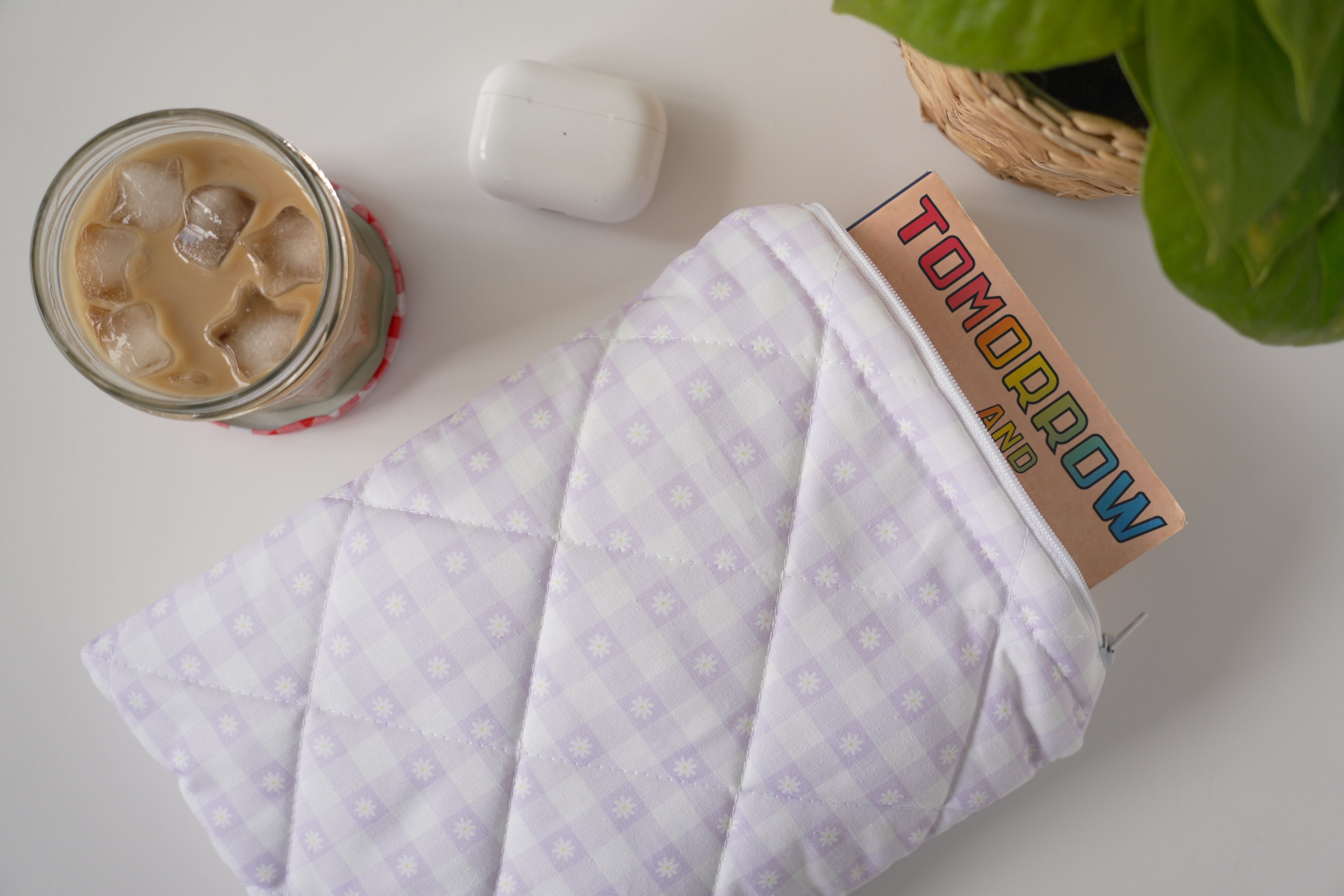 Quilted purple daisy gingham book sleeve