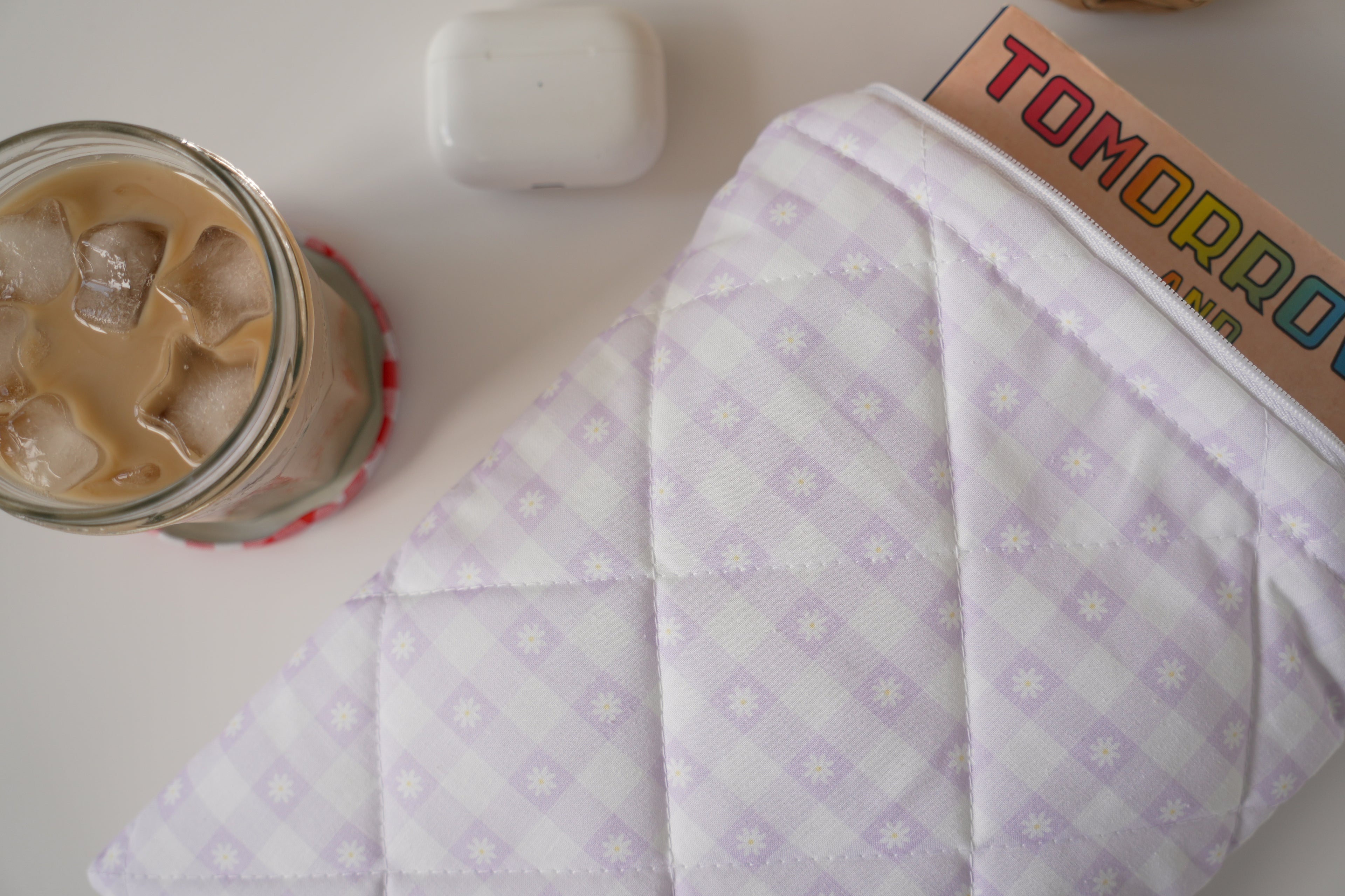Quilted purple daisy gingham book sleeve