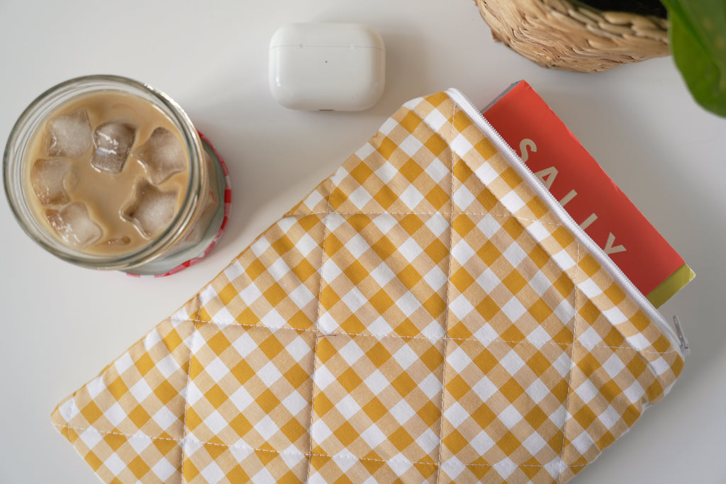 Quilted mustard yellow gingham book sleeve