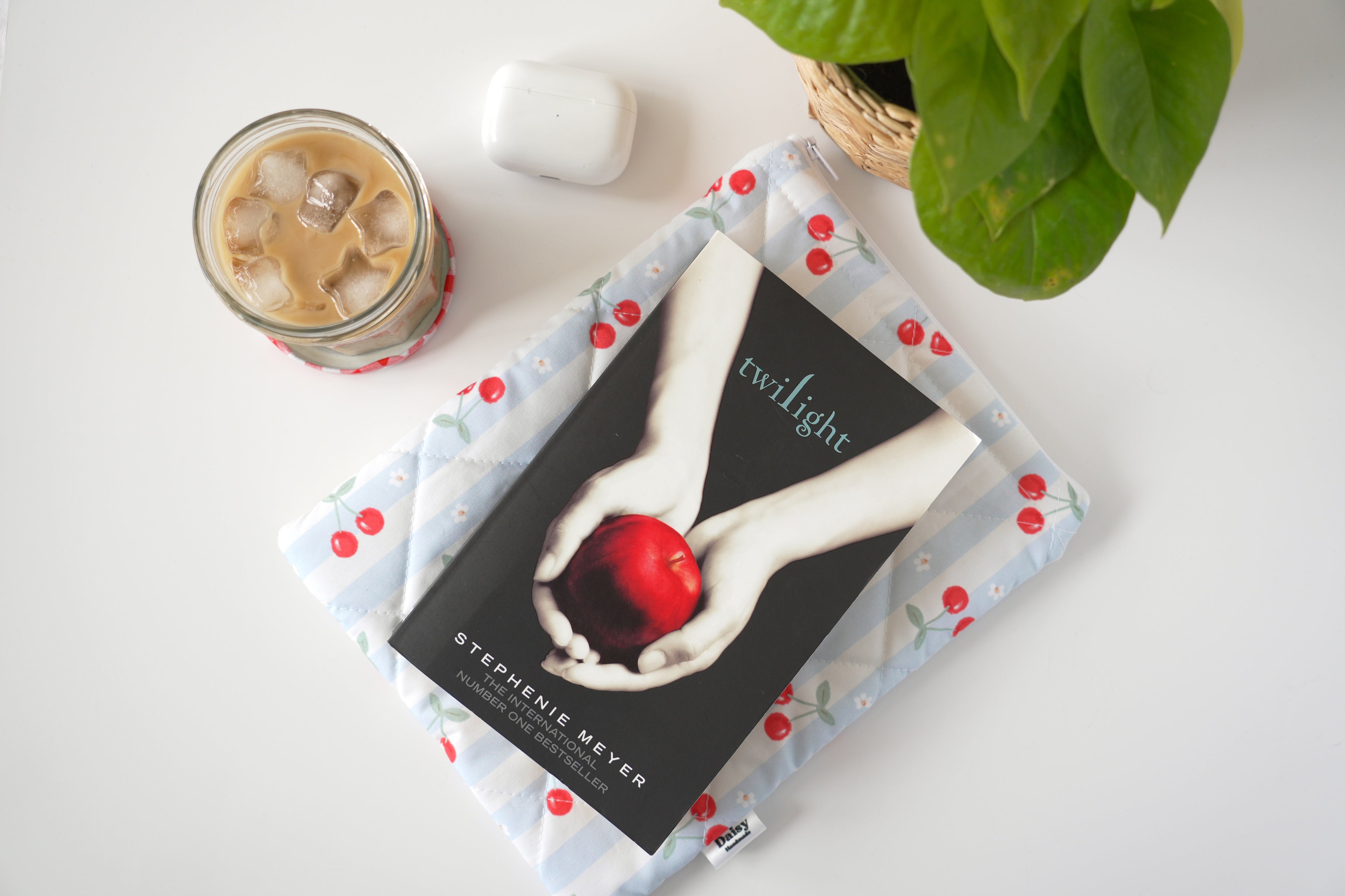 Quilted blue cherry stripe book sleeve