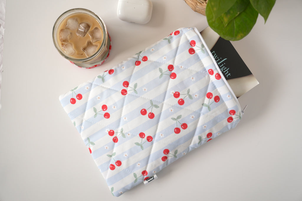 Quilted blue cherry stripe book sleeve