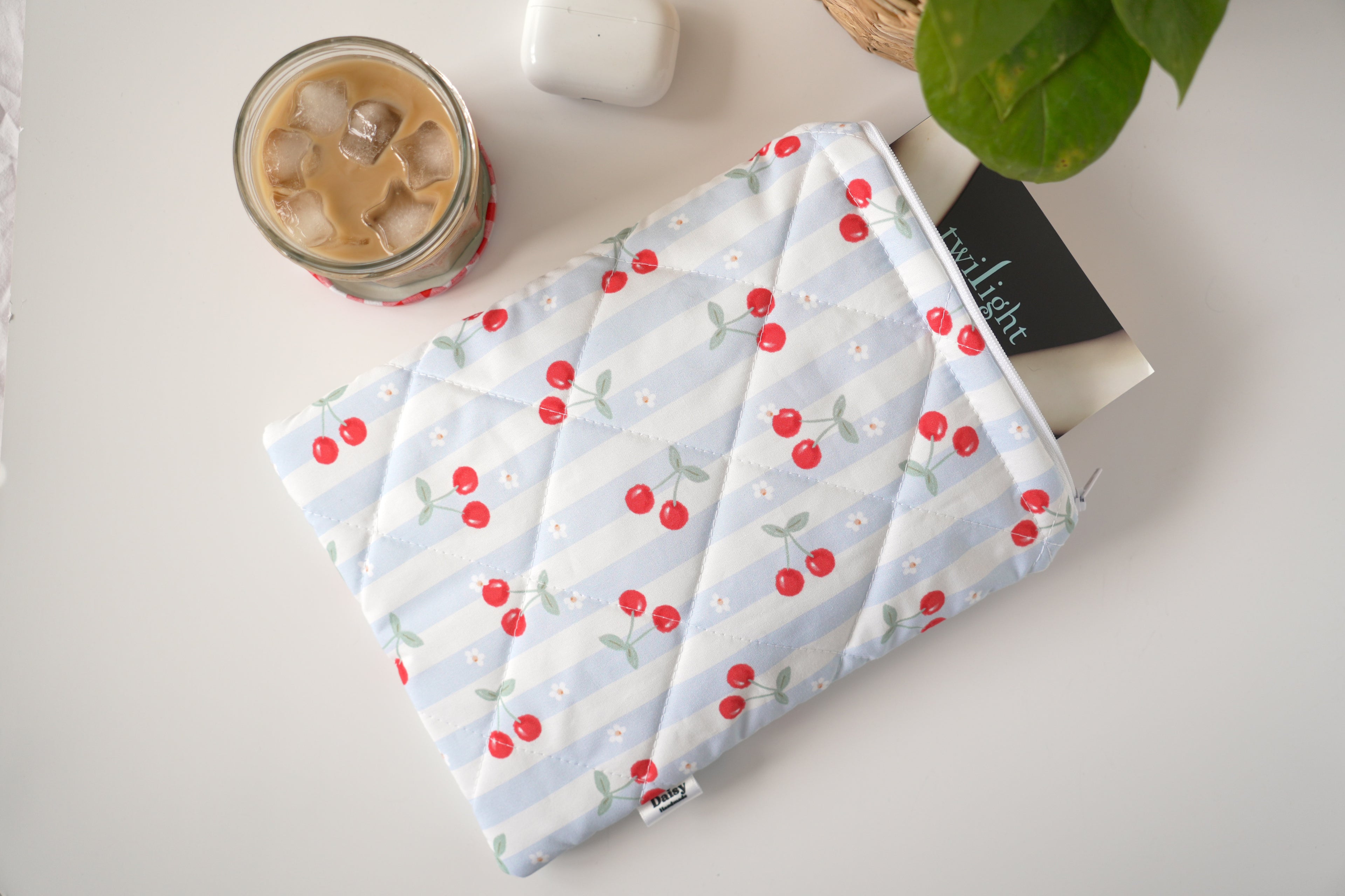 Quilted blue cherry stripe book sleeve