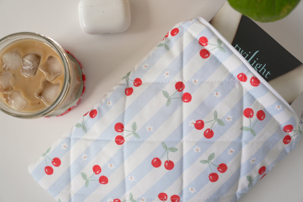 Quilted blue cherry stripe book sleeve