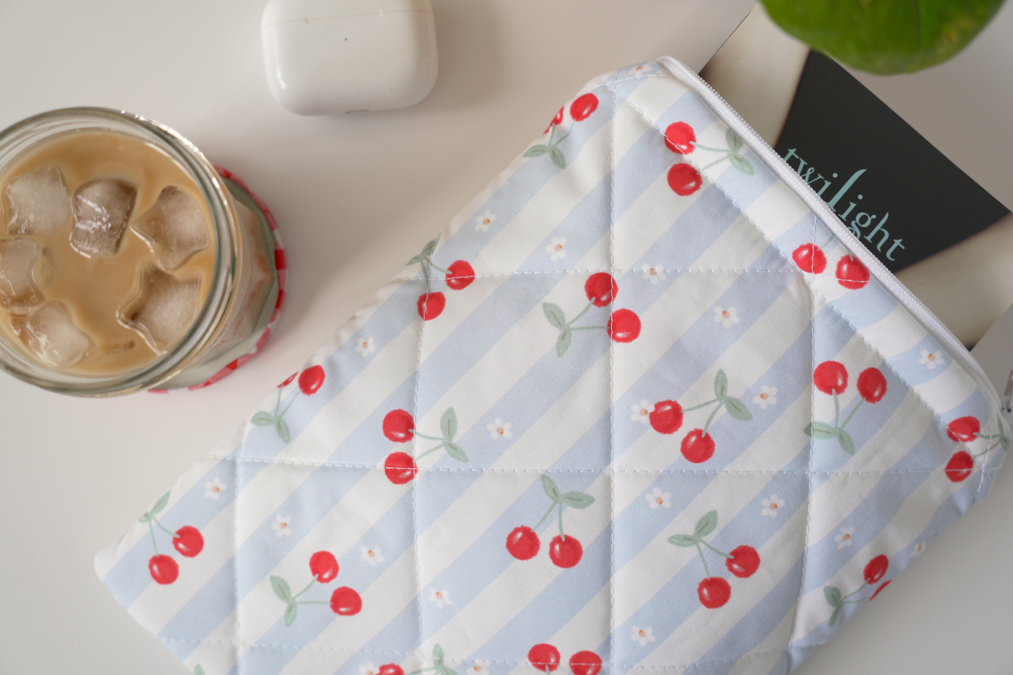 Quilted blue cherry stripe book sleeve