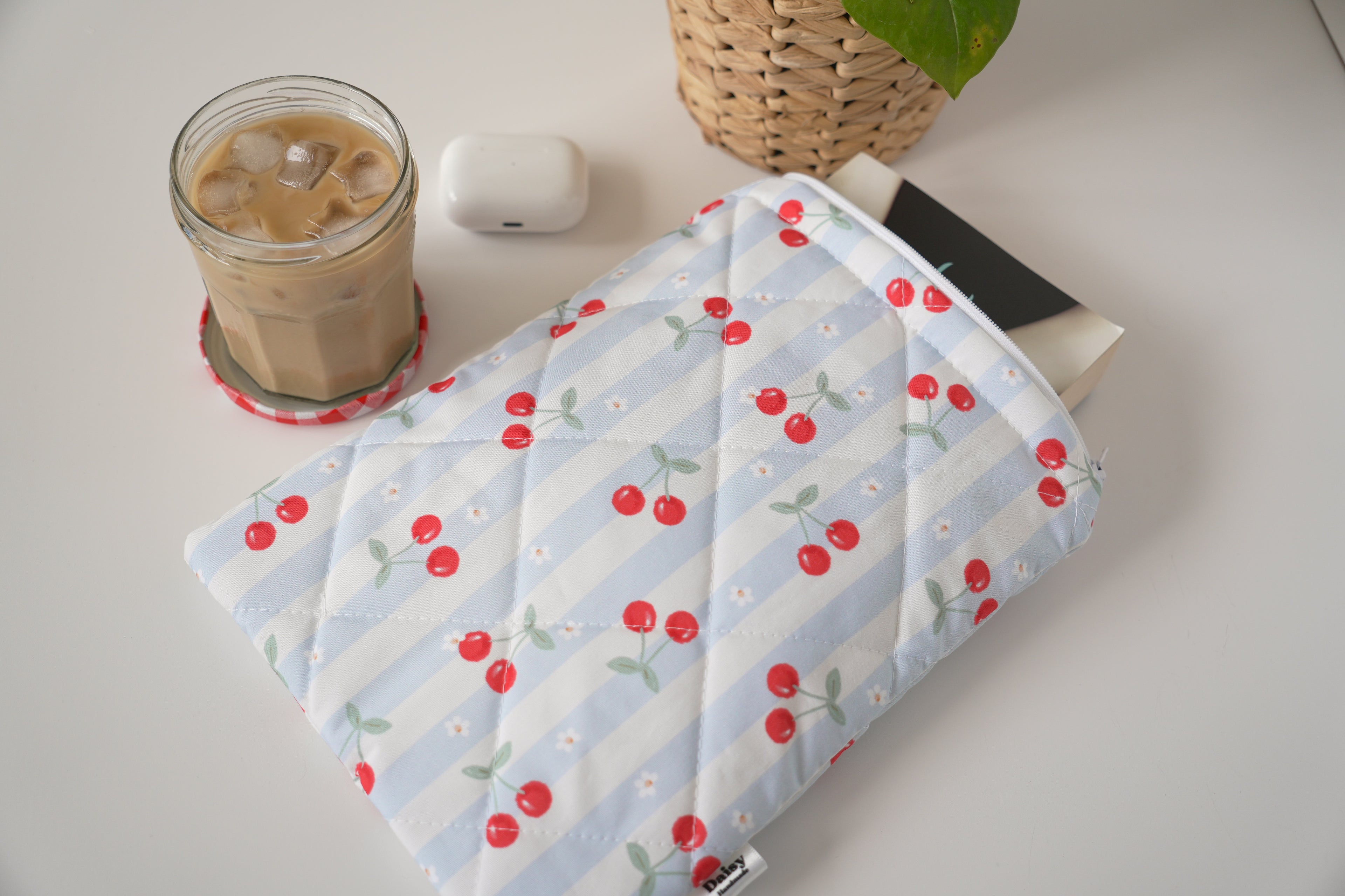 Quilted blue cherry stripe book sleeve