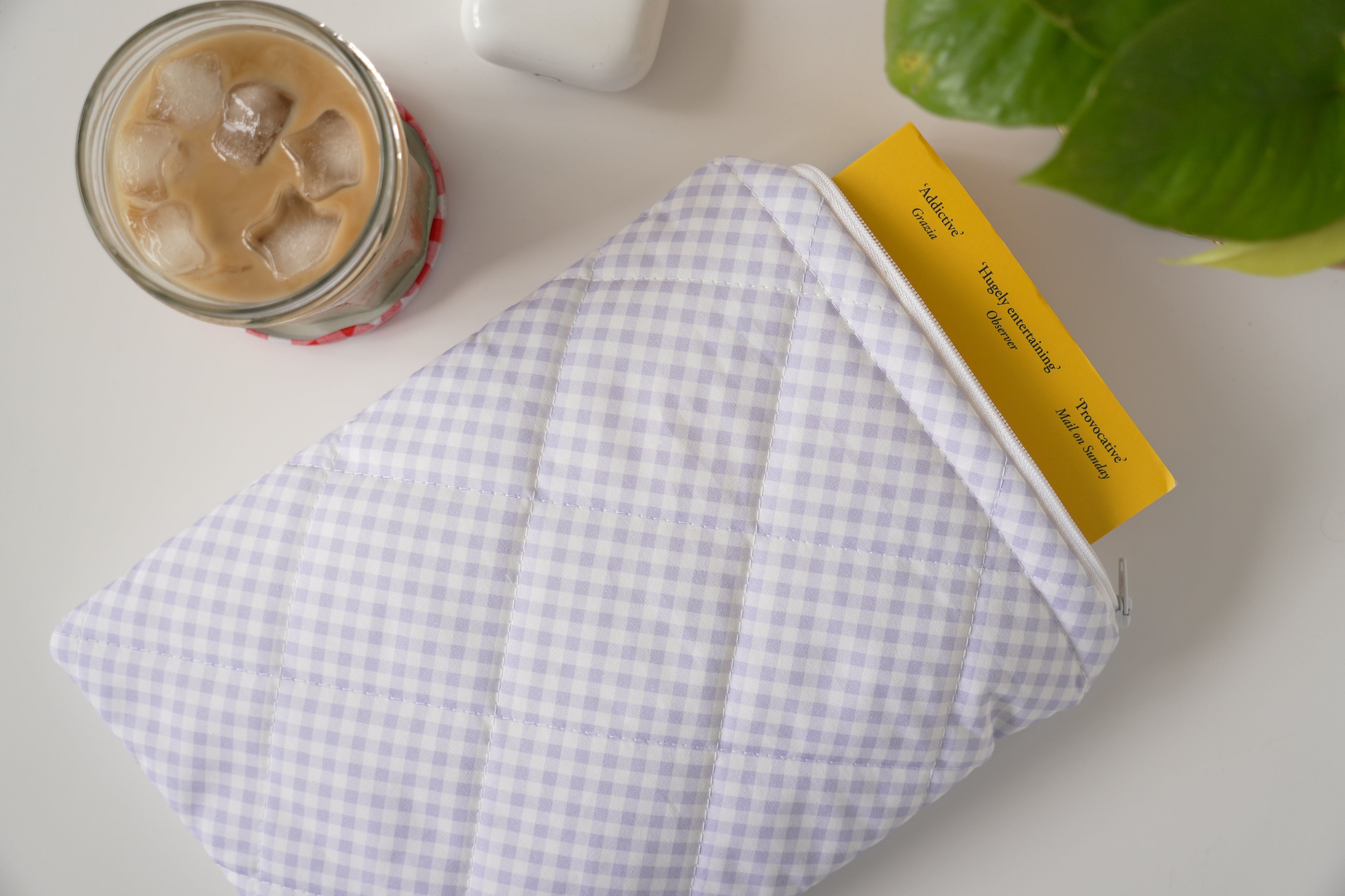 Quilted purple diagonal gingham book sleeve