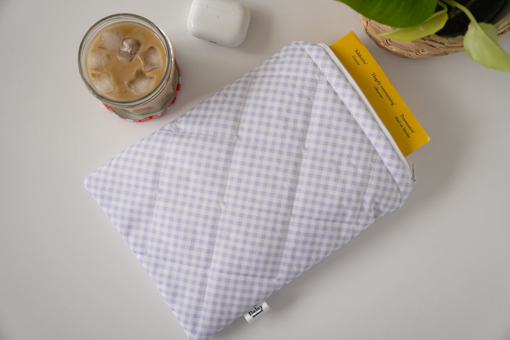 Quilted purple diagonal gingham book sleeve
