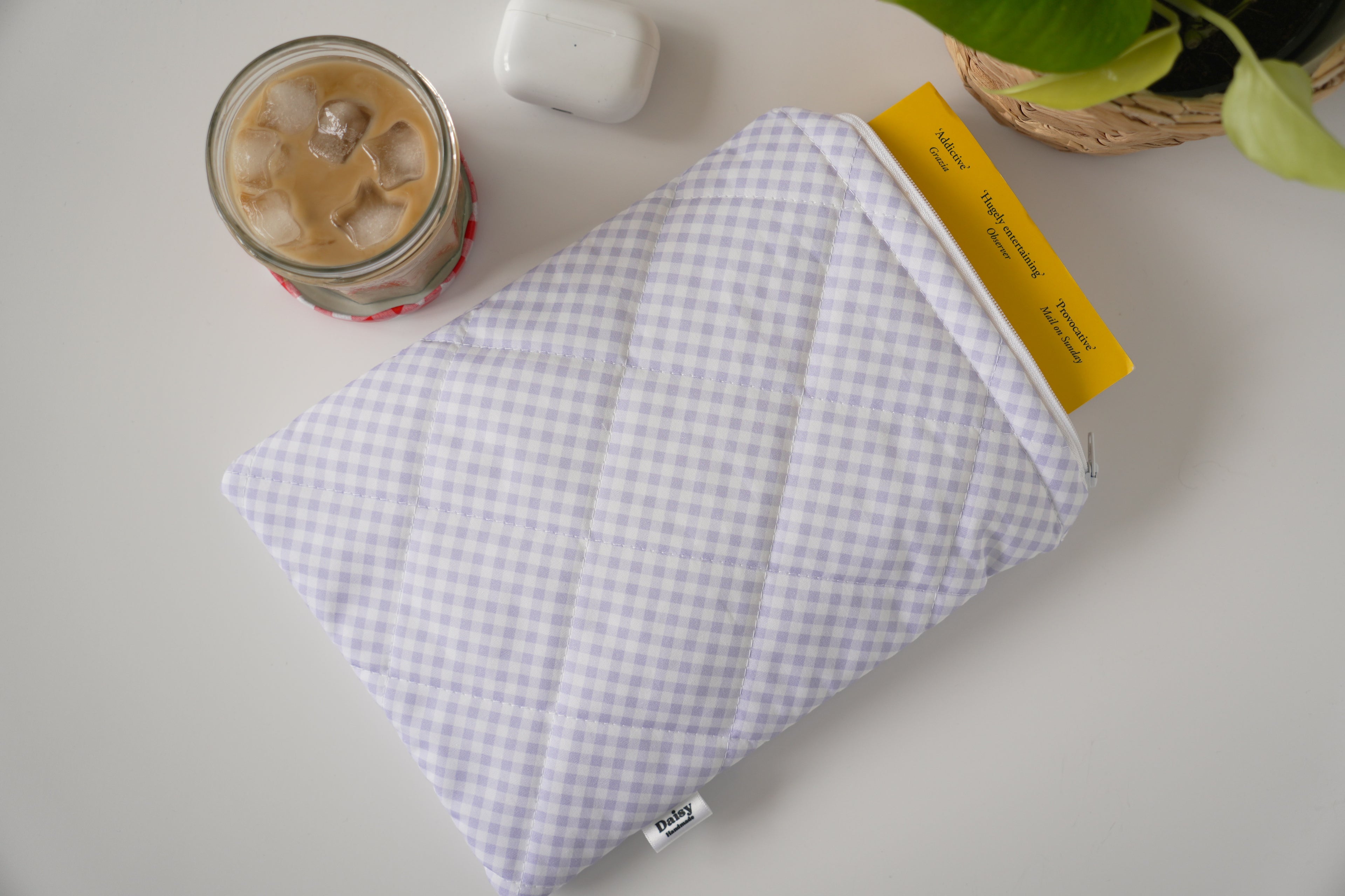 Quilted purple diagonal gingham book sleeve