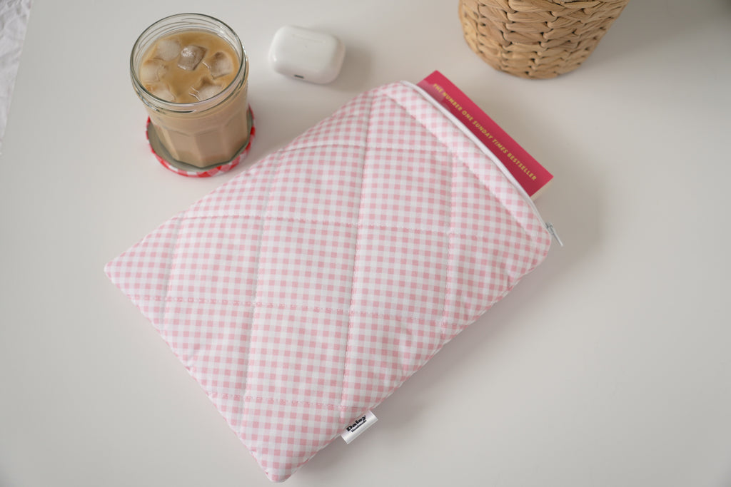 Quilted pink diagonal gingham book sleeve