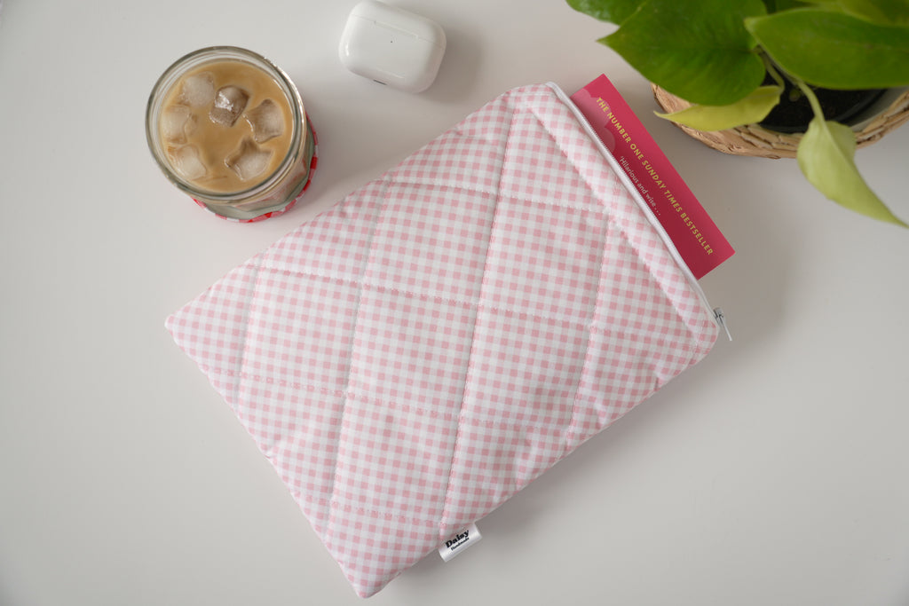 Quilted pink diagonal gingham book sleeve