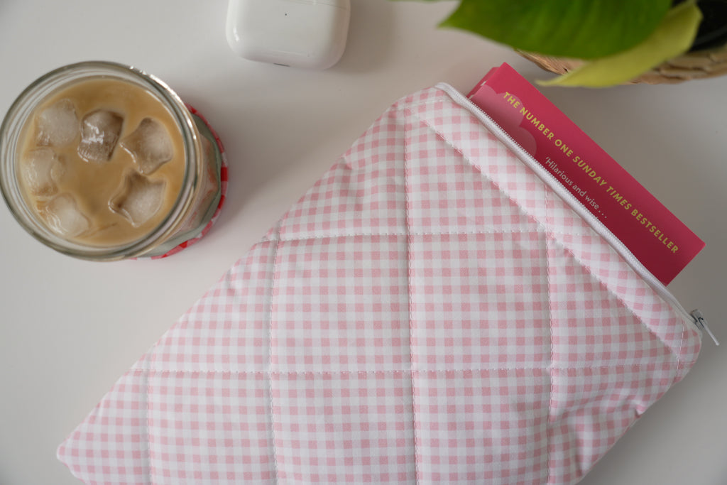 Quilted pink diagonal gingham book sleeve