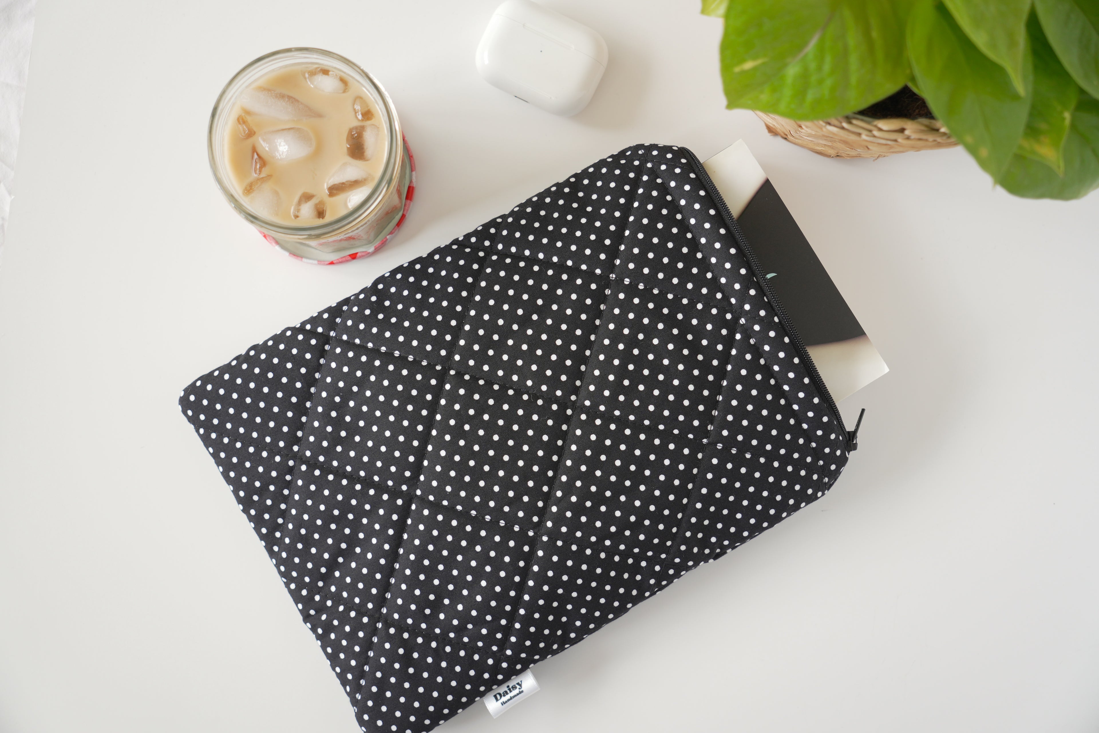 Quilted black mini polka dot book sleeve