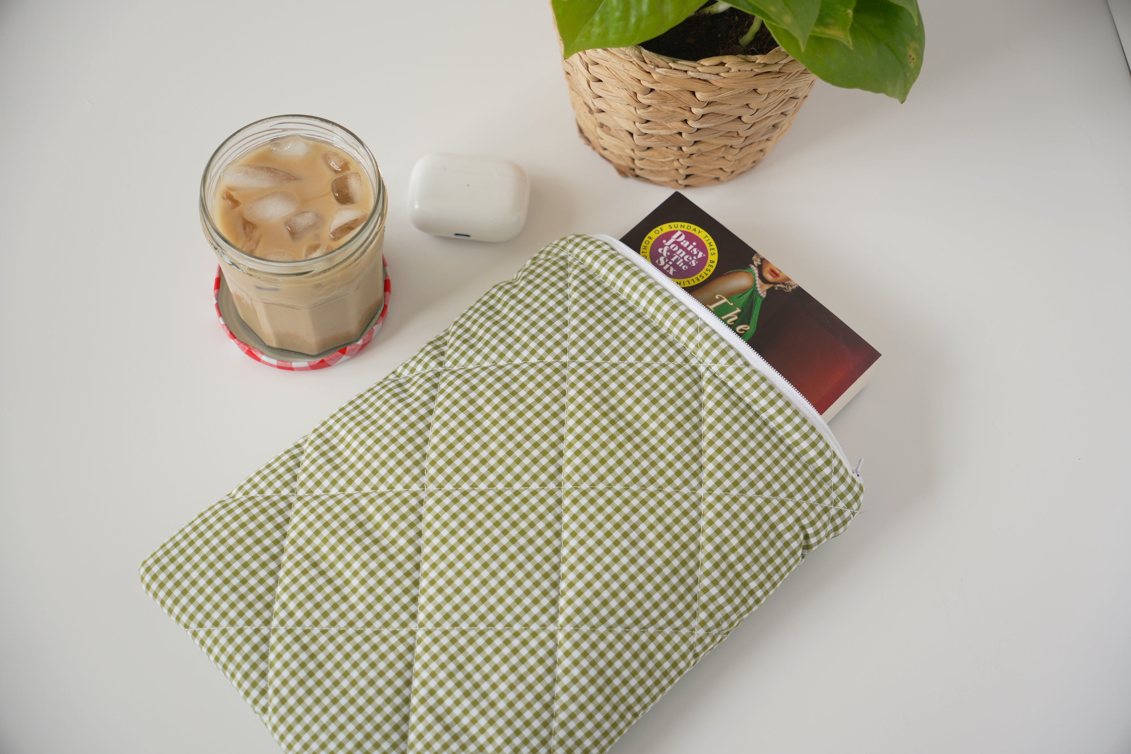 Quilted Olive green mini gingham book sleeve