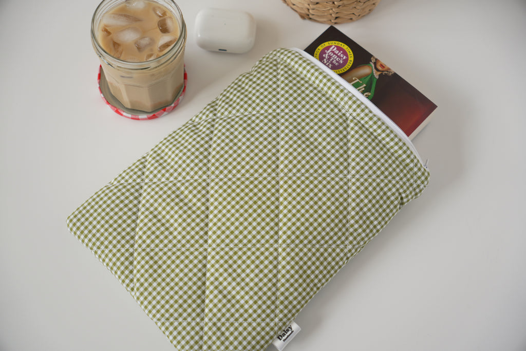 Quilted Olive green mini gingham book sleeve