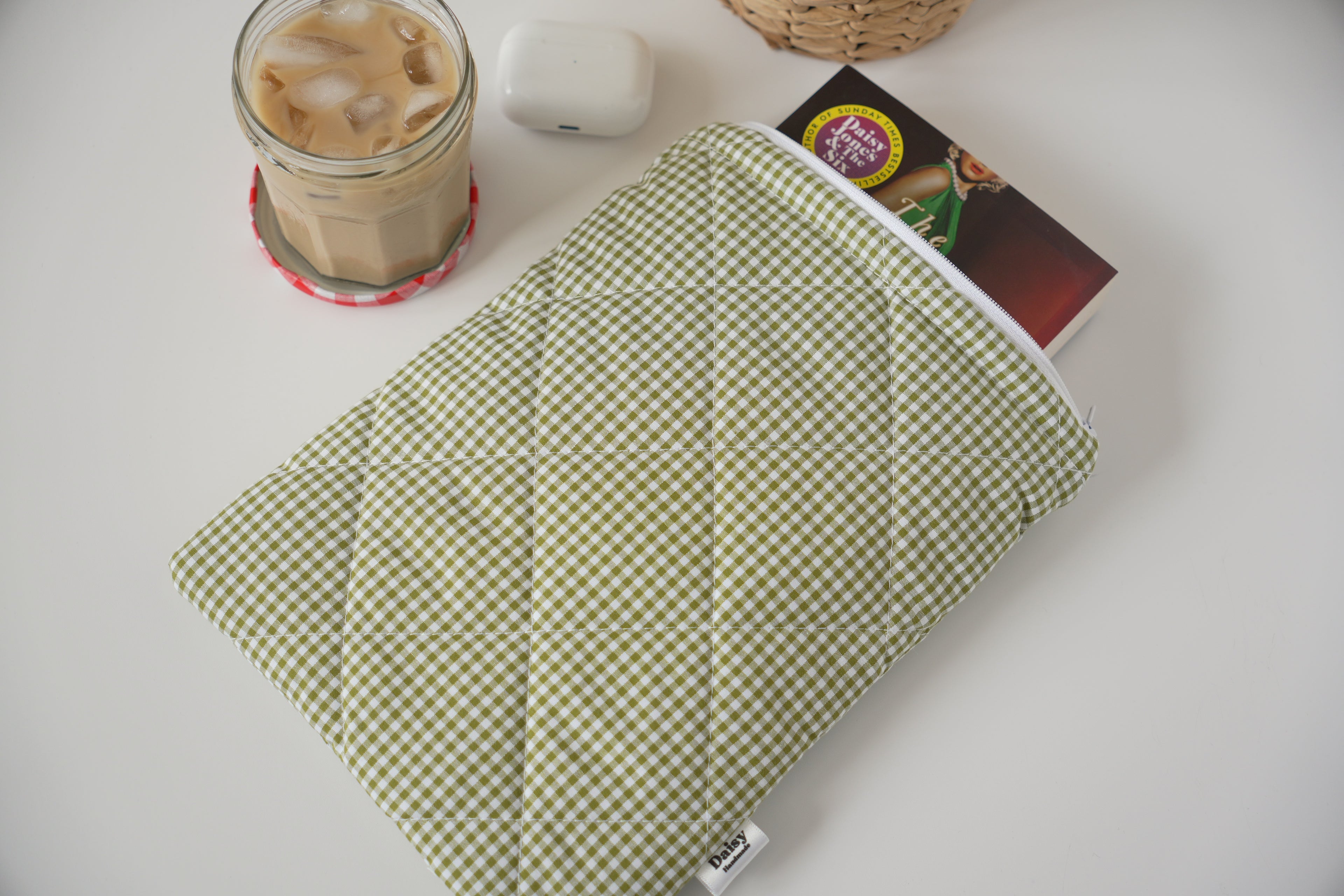 Quilted Olive green mini gingham book sleeve