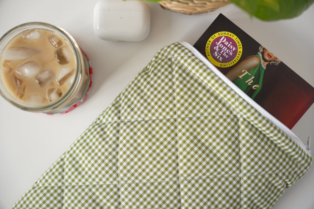 Quilted Olive green mini gingham book sleeve