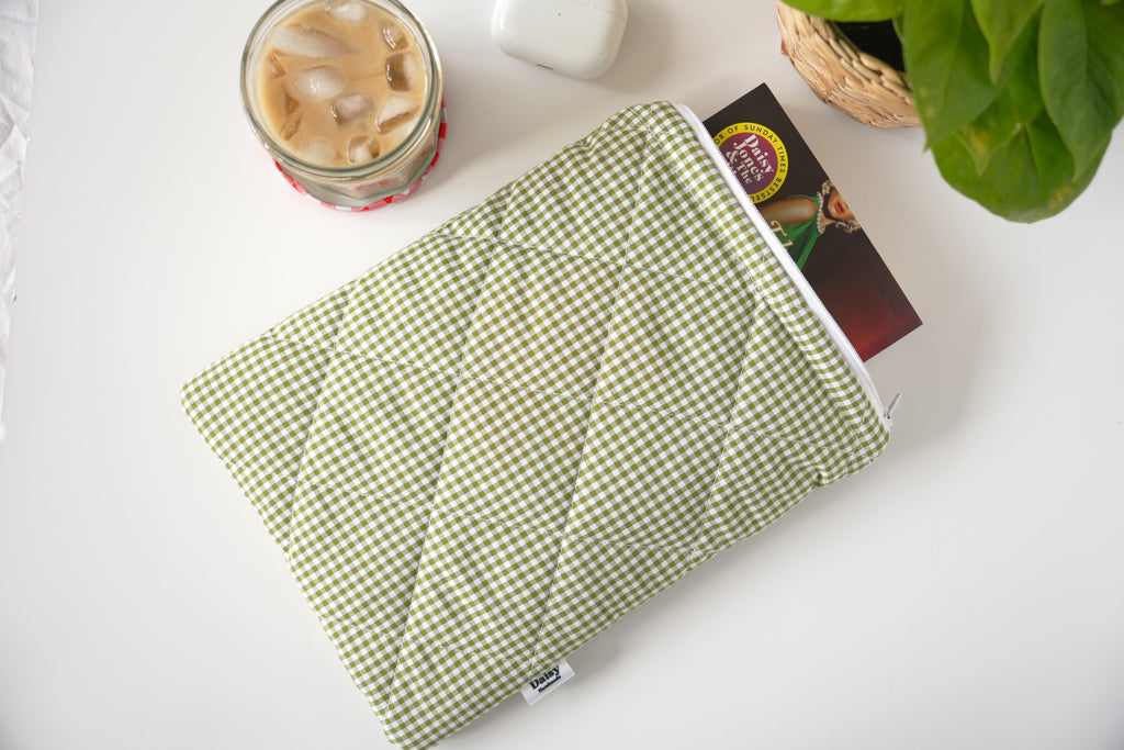 Quilted Olive green mini gingham book sleeve