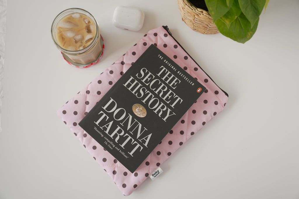 Quilted pink and brown polka dot book sleeve